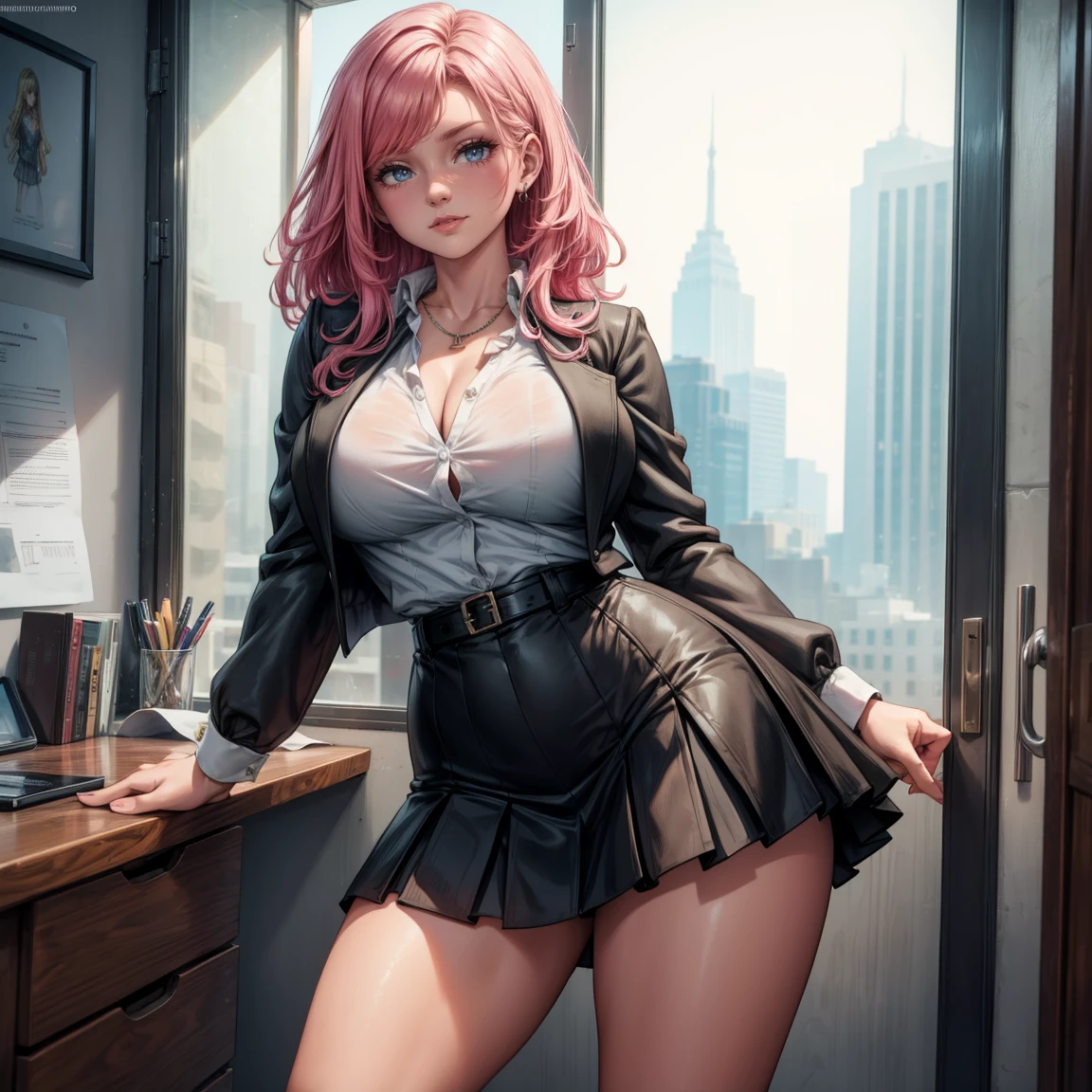 Best quality at best, tmasterpiece), 1个Giant Breast Girl, with pink hair, a purple eye, a garter belt, pencil skirts, Female office staff, Black bra, tiese, collared shir, leaning backward