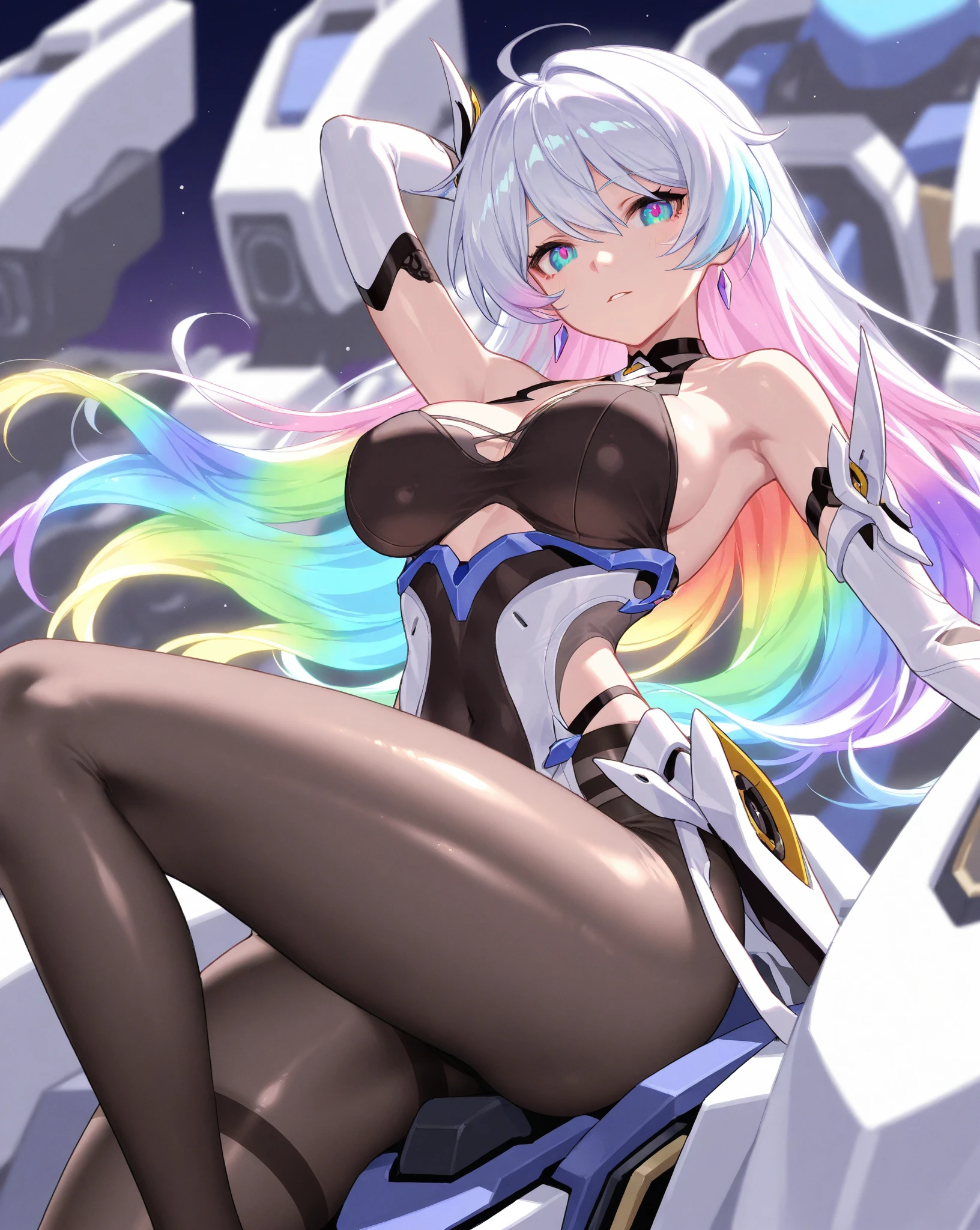 1girl, woman, (inventive Liminal Space:1.3) cute angel, [:revealing, sexy costume design,:0.2], bombshell hair, neon silver hair, hair ribbon, hourglass figure, caucasian
