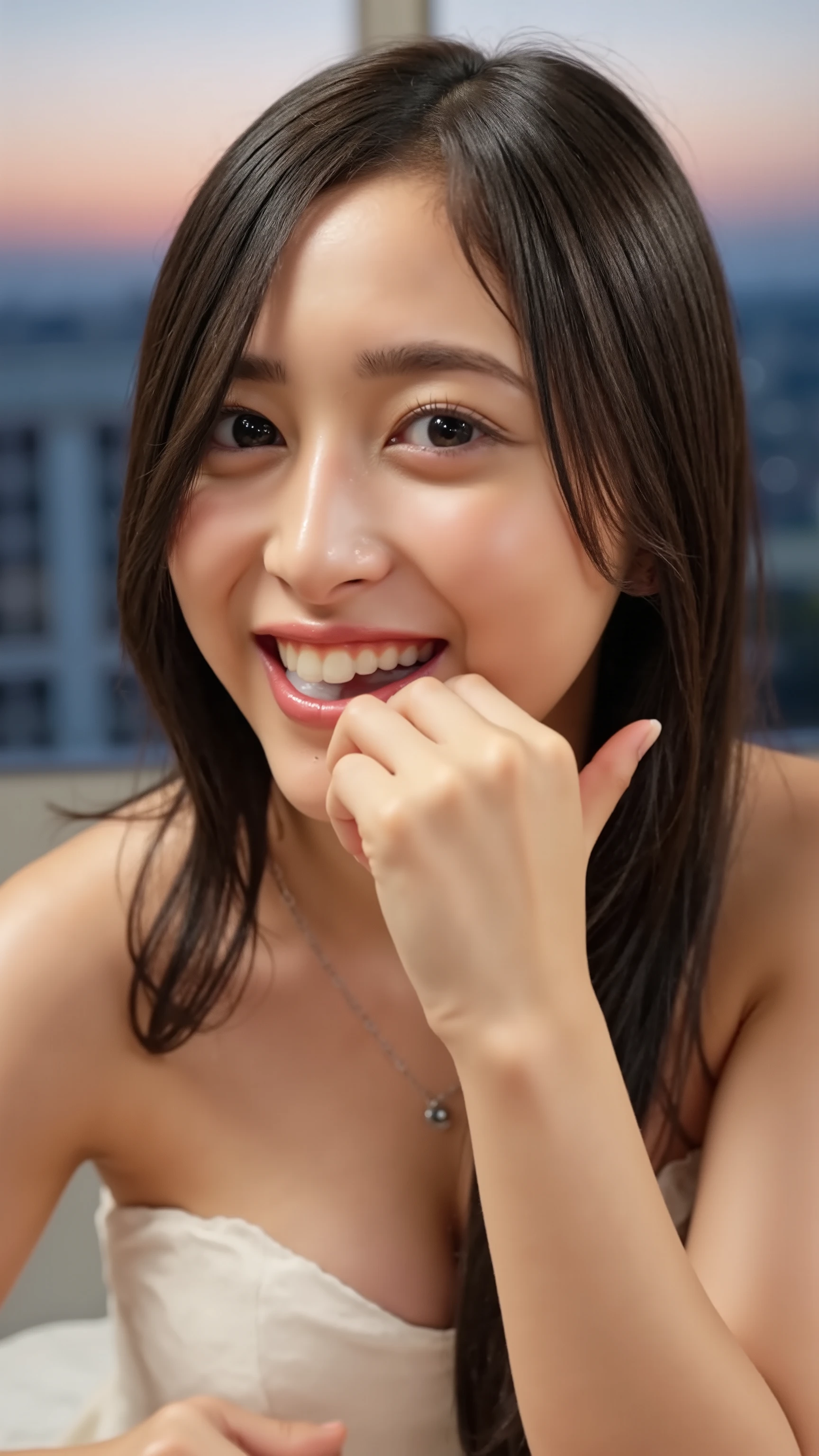 The high resolution photograph of a Japanese young female idol, solo, fashion shoot, 1girl, an elegant lady, sitting at the table in a luxury restaurant, wearing a strapless off-shoulder formal dress, face focus, looking at the viewer, straight long glossy black hair, forehead, pale skin, detailed face, detailed eyes, seductive eyes, joyful expression, necklace, jewelry, POV across table,
(open mouth wide, white cum in mouth:1.4),
fingers brushing her lips,
indoors, cityscape through the window, magic hour, sunset at dusk, Intricate details, 8k,