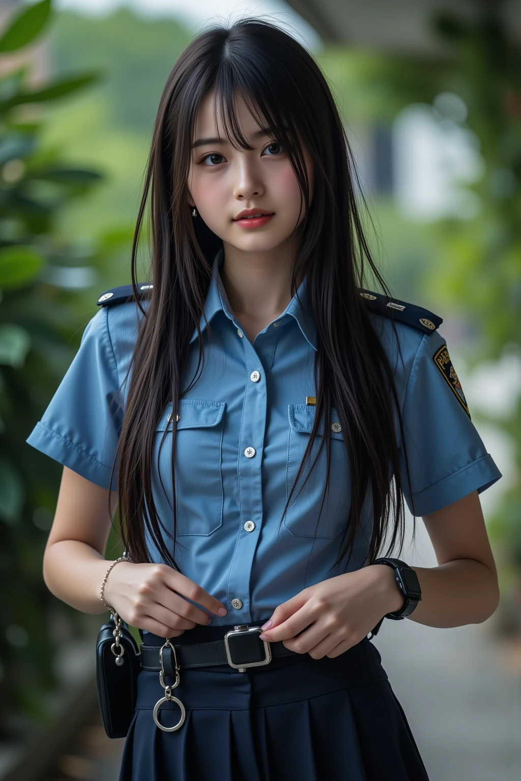 One girl, Beautiful Face, Long Hair, Mature Woman, Brown Hair, Police Officer, Prison history, Police uniform, pants, Stern expression, Curved body, detailed feature, alone ((Highest quality)), ((perfectly generated))