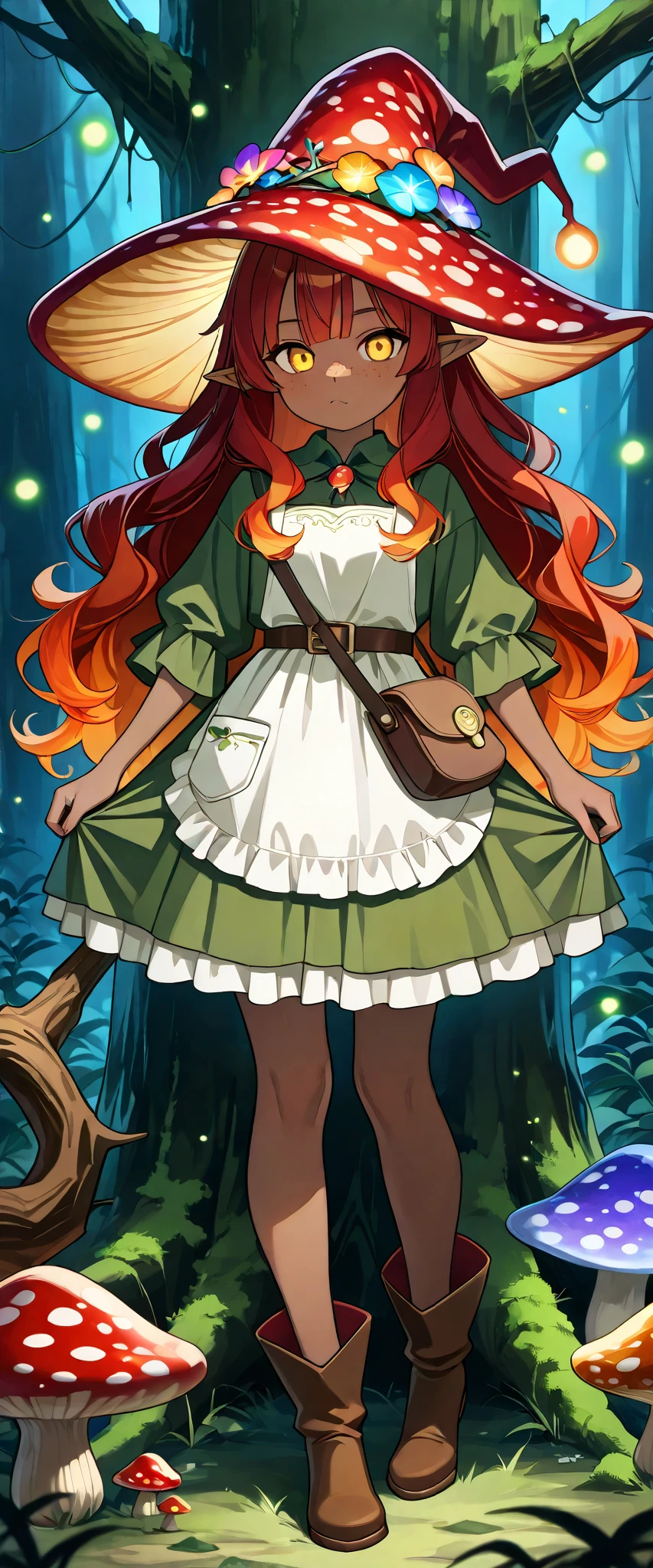 a Fungi Witch with tanned dark skin covered with freckles. Long pointy-ears. She has yellow-amber eyes. She has long to her feet loose fiery-red wavy hair with straight bangs. Per witch dressing set: She wears swampy green medieval dress and an apron with two pockets. she wearing a potion belt with acorns pendants. There is a bag over her shoulder with healing herbs sticking out of it. She has brown pointy-toed witch boots. She wears a red fly Agaric hat on her head. In her hand she holds a staff in the shape of a tree branch overgrown with moss. she slowly walking in the mushroom grove where big mushroom-trees grow everywhere around the blooming swamp, fireflies are flying in the air. Multicolored flowers and mushrooms wich growing around have bioluminescence.