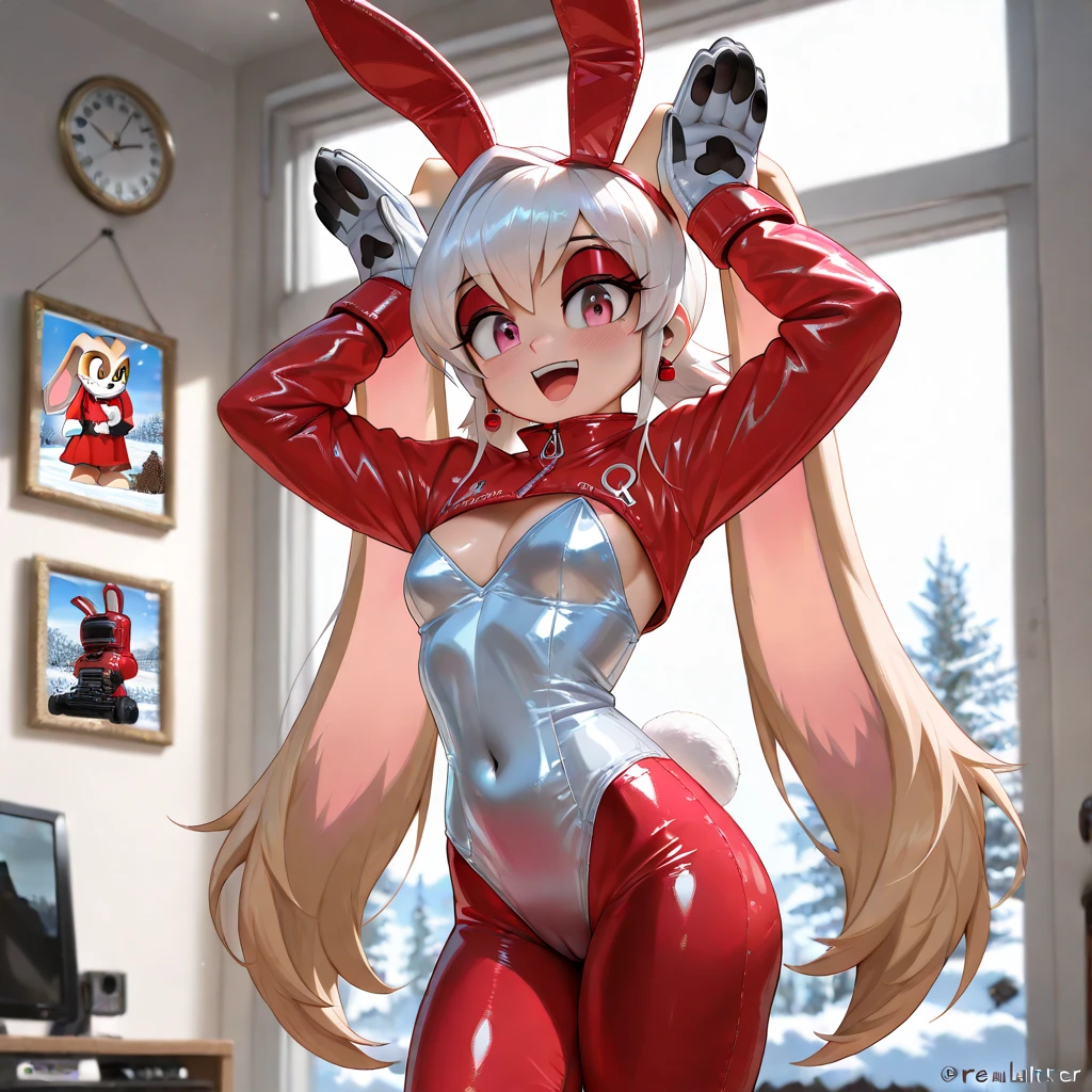 (lifelike:1.4),best quality, ultra high resolution,
4k, Instagram,
Very detailed, ((SFW))
Alice \(nod\),(Pink bodysuit:1.3),animal ears animal ears:1.2), Gloves, earphone, earphone戴在头上,
(red jacket:1.5),(Latex full body jumpsuit:1.Ink latex bodysuit:1.2), pink eyes,(double tail:1.2), 白Gloves, (white hair:1.3),
virtual girl target, medium, Crystal Pendant, Smile,
blurred background, view from below, Squat down