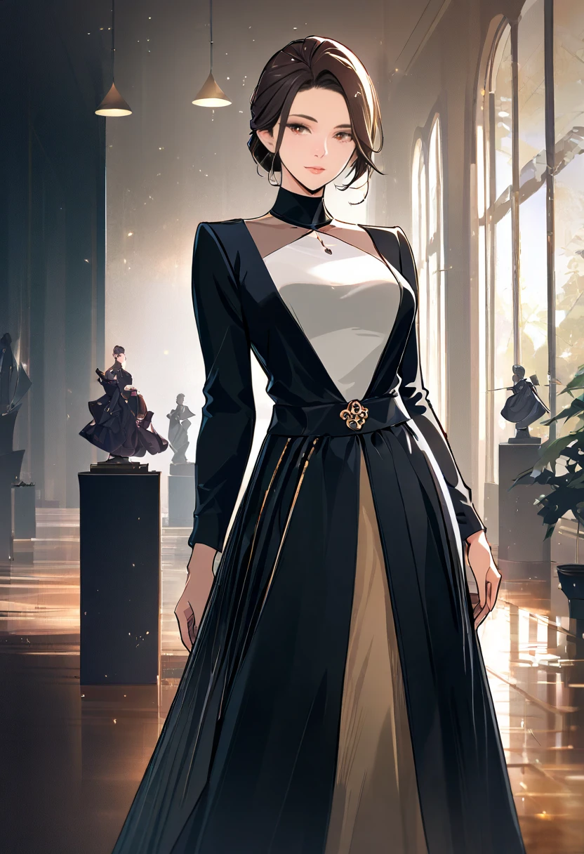 ((best quality)), ((masterpiece)), (detailed), perfect face
Elizabeth Woodley's lithe figure is modestly attired in a simple gray wool dress with a high collar and long sleeves, befitting her position as governess. Her chestnut hair is neatly parted in the middle and swept back into a low chignon, adorned with a plain black snood. Though her attire is unadorned, Elizabeth's natural beauty shines through in her warm hazel eyes and clear complexion. Her gentle demeanor is evident in her soft smile and graceful movements, while her intelligence gleams in her observant gaze. A small cameo brooch, her sole ornament, hints at her refined taste despite her humble circumstances.