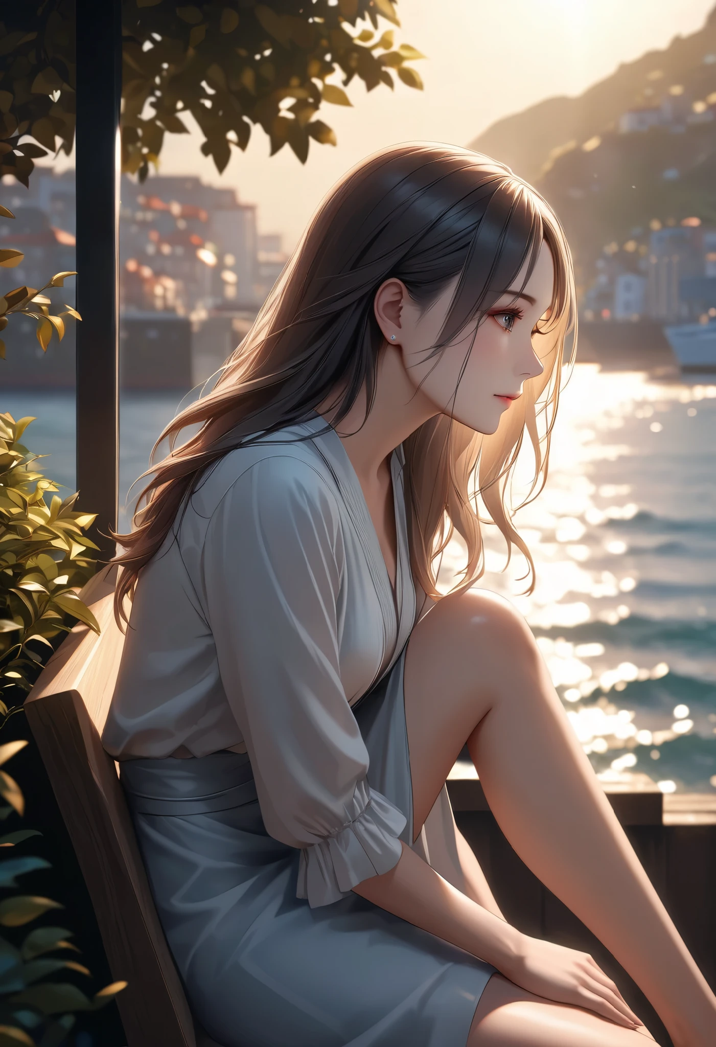 I'm waiting for someone... a quiet corner of the port city with a view of the sea、figure of a woman sitting on a bench。I'm looking out at the ocean with a sad gaze、calm expression。Graceful posture、feeling the feeling of waiting。Detailed depiction,high quality,4K,realistic,Professional,Superb light effect,Natural texture,Realistic Texture, attention to detail , perfect composition,Colorful,Delicate bokeh effects,Dramatic Light and Shadows,warm colors