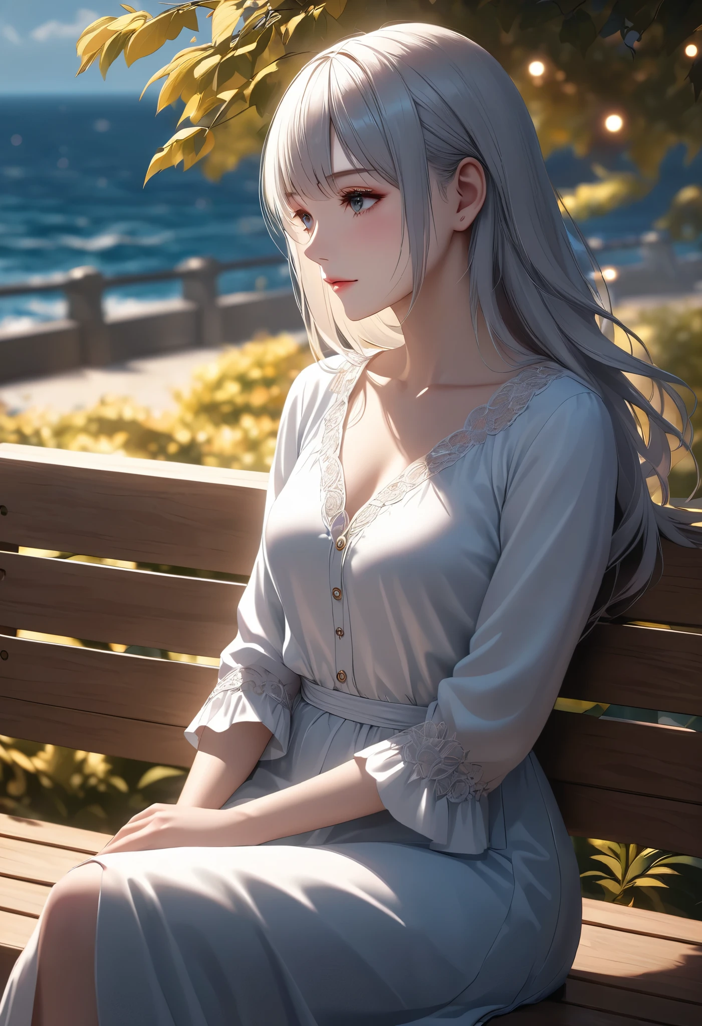 I'm waiting for someone... a quiet corner of the port city with a view of the sea、figure of a woman sitting on a bench。I'm looking out at the ocean with a sad gaze、calm expression。Graceful posture、feeling the feeling of waiting。Detailed depiction,high quality,4K,realistic,Professional,Superb light effect,Natural texture,Realistic Texture, attention to detail , perfect composition,Colorful,Delicate bokeh effects,Dramatic Light and Shadows,warm colors