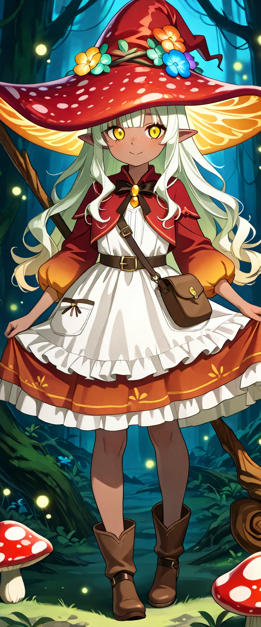 a Fungi Witch with tanned dark skin covered with freckles. Long pointy-ears. She has yellow-amber eyes. She has long to her feet loose fiery-red wavy hair with straight bangs. Per witch dressing set: She wears swampy green medieval dress and an apron with two pockets. she wearing a potion belt with acorns pendants. There is a bag over her shoulder with healing herbs sticking out of it. She has brown pointy-toed witch boots. She wears a red fly Agaric hat on her head. In her hand she holds a staff in the shape of a tree branch overgrown with moss. she slowly walking in the mushroom grove where big mushroom-trees grow everywhere around the blooming swamp, fireflies are flying in the air. Multicolored flowers and mushrooms wich growing around have bioluminescence.