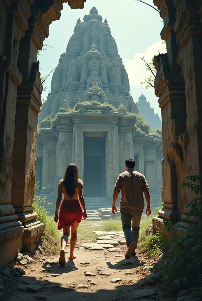 They navigate through the temple, following the map to a large chamber filled with ancient statues and carvings.