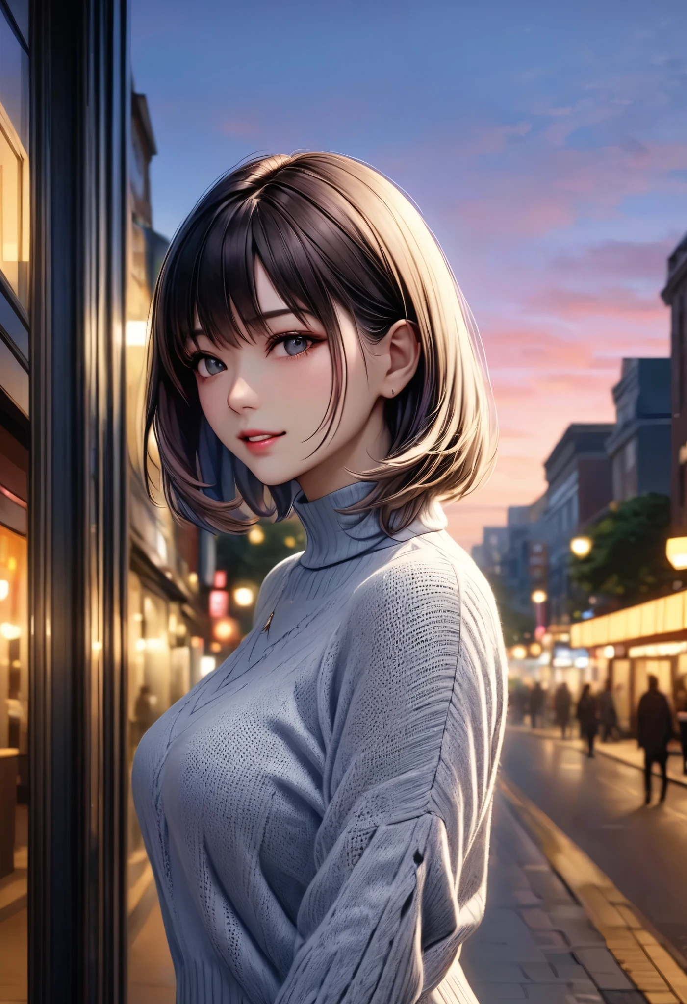 Haruna,wait,woman,upper body,slowly,calm expression, stares,Around town, at dusk ,tree々,illumination,delicate,realistic,4K High Resolution,photo-like realism,professional, vibes, rich colors,Bokeh, break detailed face, \draw by sharp line\, vivid Expression, super fine, ultra-high resolution, Super Retina, break (whole body in frame:1.57), ROUGH