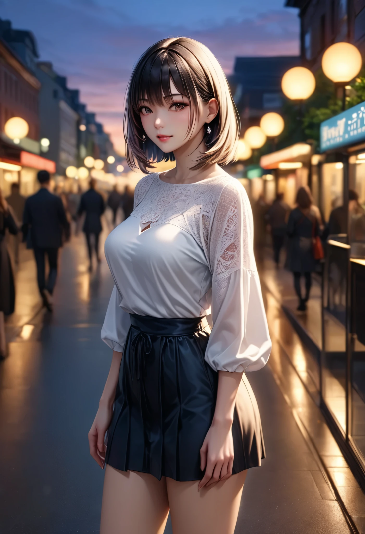 Haruna,wait,woman,full body,slowly,calm expression, stares,Around town, at dusk ,tree々,illumination,delicate,realistic,4K High Resolution,photo-like realism,professional, vibes, rich colors,Bokeh, break detailed face, \draw by sharp line\, vivid Expression,  super fine, ultra-high resolution, Super Retina, break (whole body in frame:1.57), ROUGH