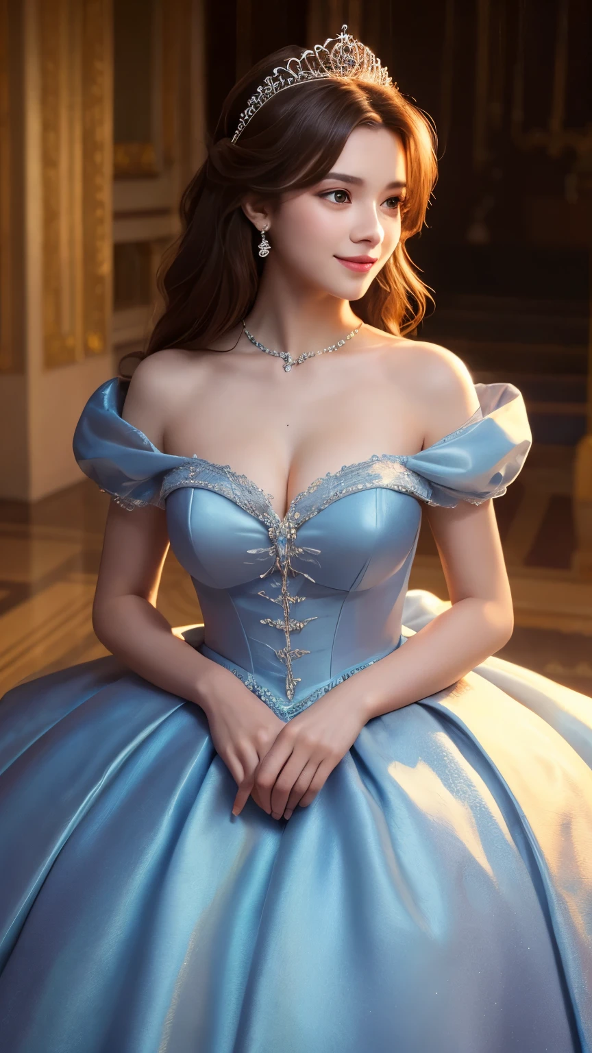 A 22-year-old woman in a classic blue Cinderella-style gown, her hair styled in an elegant updo, reaches out toward the camera with a gentle smile. She stands on a moonlit balcony, where the soft light of the moon enhances the intricate details of her dress. The scene captures her in a close-up, with the background subtly showcasing the grandeur of the palace. The overall mood is dreamy and fantastical, as if drawn from the pages of a fairytale.