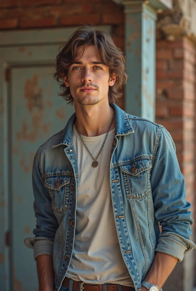 andrew Garfield, man, defined body, round face, medium hair, mane hair, hair back, messy hair, black hair, Sapphire blue eyes, small nose, small lips, soft jaw, denim jacket, simple black high-neck t-shirt, blue jeans, exhausted expression, falling into a bottomless precipice, looking at the sky, black background, full body view