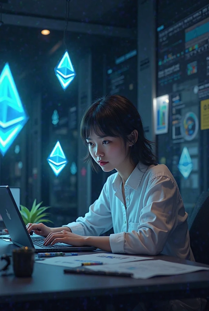 An employee works for the Cocoin platform with the addition of the platform logo in the images and the Ethereum digital currency symbol