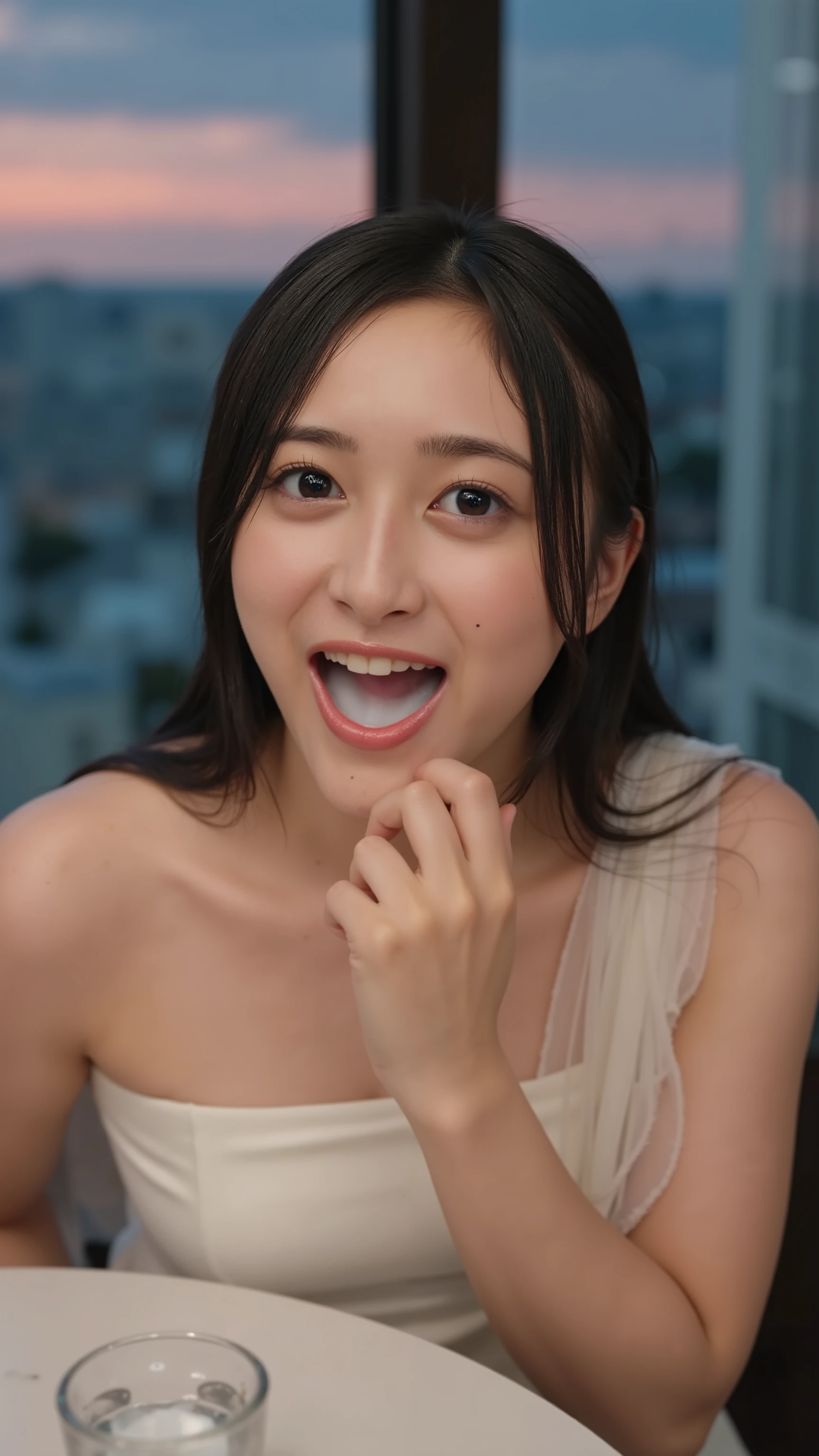 The high resolution photograph of a Japanese young female idol, solo, fashion shoot, 1girl, an elegant lady sitting at the dining table in a luxury restaurant with dim lit, wearing a strapless off-shoulder formal dress. POV across table, face focus, looking at the viewer, straight long glossy black hair, forehead, pale skin, detailed face, detailed eyes, seductive eyes, joyful expression, necklace, jewelry,
(open mouth wide, white cum in mouth:1.4),
fingers brushing her lips,
indoors, cityscape through the window, magic hour, sunset at dusk, Intricate details, 8k,