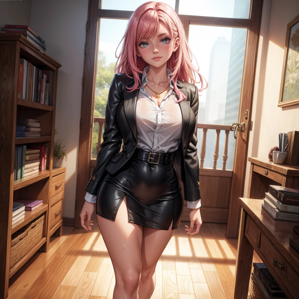 (RAW photo, best quality), (realistic, photo-realistic:1.3), masterpiece, an extremely delicate and beautiful, extremely detailed, CG, unity , 2k wallpaper, Amazing, finely detail, light smile, extremely detailed CG unity 8k wallpaper, huge filesize, ultra-detailed, highres, absurdres, soft light, (((medium hair:1.3), short bang, pink hair, floating hair novafrogstyle)), beautiful detailed girl, detailed fingers, extremely detailed eyes and face, beautiful detailed nose, beautiful detailed eyes, long eyelashes, light on face, looking at viewer, (closed mouth:1.2), 1girl, cute, young, mature face, (full body:1.3), ((small breasts)), realistic face, realistic body, beautiful detailed thigh, (ulzzang-6500-v1.1:0.8), business suit, cross-laced clothes, collared shirt, open clothes, in office, detailed office, open cardigan, black thighhighs, miniskirt, black underwear, unbuttoned shirt,