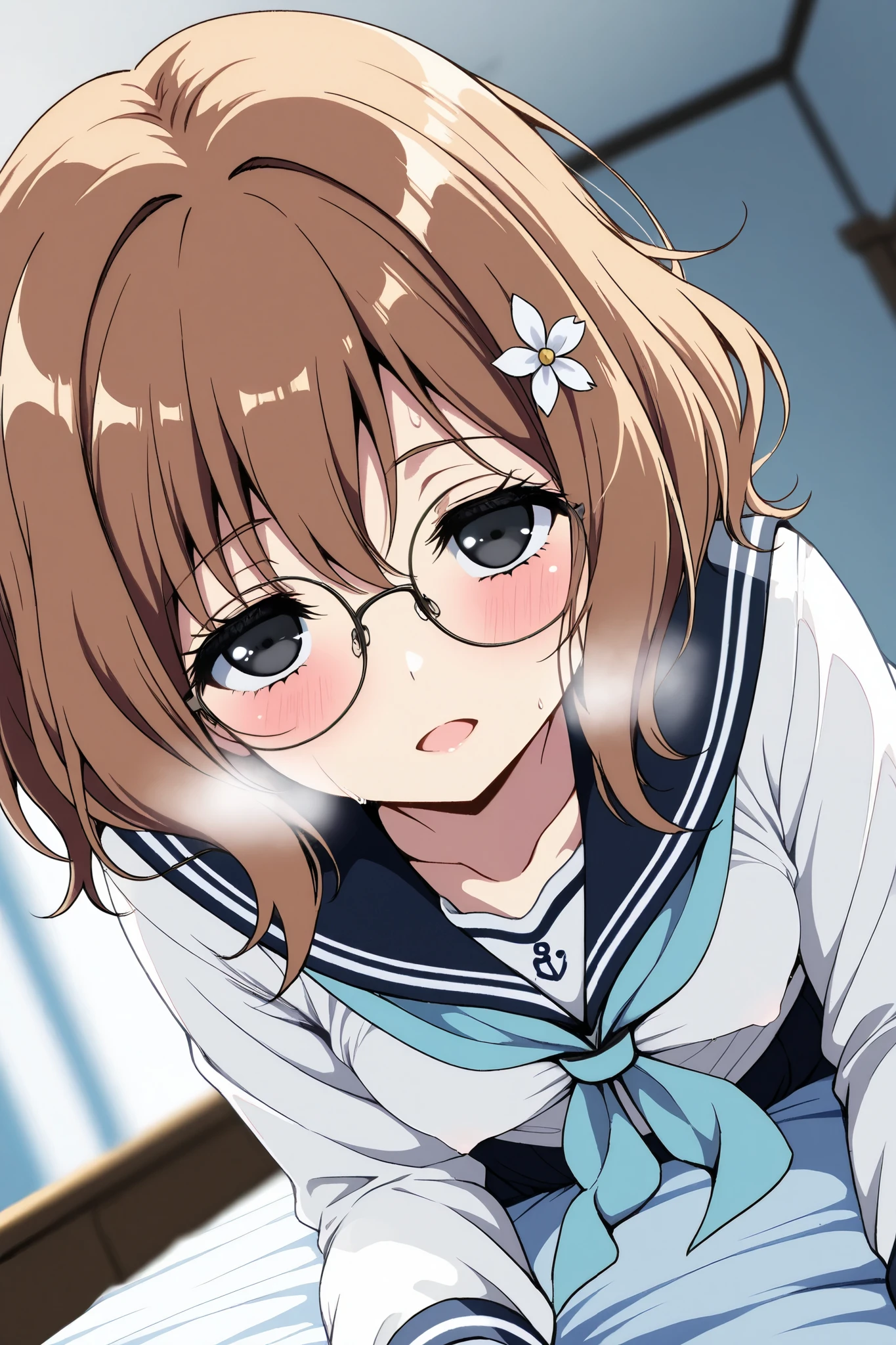 reia_kosu,1 female,solo,pretty,
ohana_matsumae,
short hair,brown hair,hair ornament,
flower,hair flower,stupid hair,long hair,
colored inner hair,
black eyes,big eyes,slant eyes,sleepy eyes,
long eyelashes,silver-rimmed round glasses,
extreme close-up under the chest,
low angle,
midium breast,nipple,
looking at viewer,dutch angle,
blush,sweat,white breath,
Incontinence,ecstasy,orgasm,climax,
feeling sexual pleasure,intense breathing,
sailor clothes (1.3),school uniform,
neckerchief,blue neckerchief,long sleeves,
white gloves,
perfect face,beautiful skin,
anatomically correct,
masterpiece,highest quality,
high resolution,high definition,
ultra-detailed,anime,blurred background,
indoors,on bed,bed room