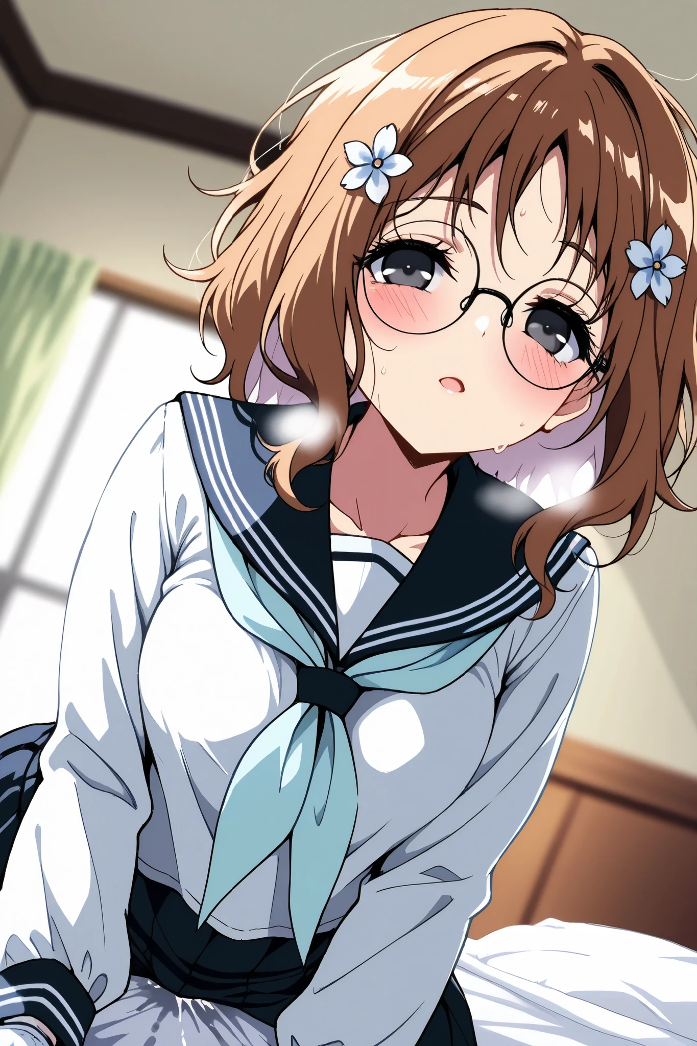reia_kosu,1 female,solo,pretty,
ohana_matsumae,
short hair,brown hair,hair ornament,
flower,hair flower,stupid hair,long hair,
colored inner hair,
black eyes,big eyes,slant eyes,sleepy eyes,
long eyelashes,silver-rimmed round glasses,
extreme close-up under the chest,
low angle,
midium breast,nipple,
looking at viewer,dutch angle,
blush,sweat,white breath,
Incontinence,ecstasy,orgasm,climax,
feeling sexual pleasure,intense breathing,
sailor clothes (1.3),school uniform,
neckerchief,blue neckerchief,long sleeves,
white gloves,
perfect face,beautiful skin,
anatomically correct,
masterpiece,highest quality,
high resolution,high definition,
ultra-detailed,anime,blurred background,
indoors,on bed,bed room