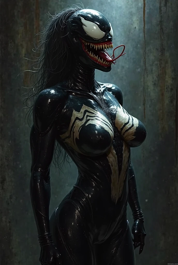 in a swirling liquid void, photorealistic sexy female venom marvel comics symbiote flowing liquid latex black alien goo,sleek feminine body, iconic sultry action standing pose ready for action, giger,