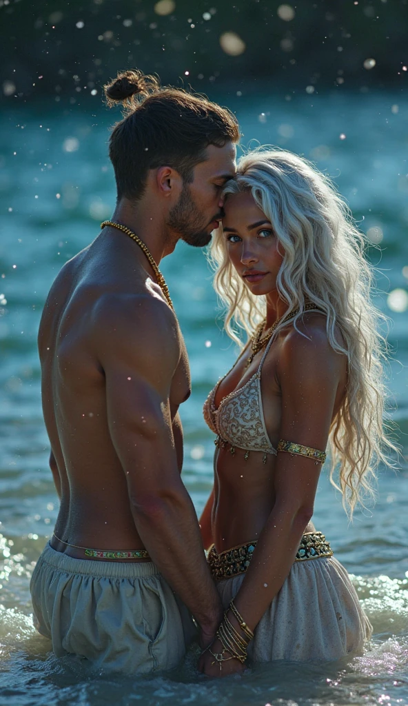 Sacred rebels, an extremely attractive couple. Dark bearded handsome bald shaman man with muscular upper body bare. Blonde fairie-like bimbo girl, dressed in flirtatious pink skimpy underwear, perky big breasts, plenty of cleavage, hourglass body. Lots of hippie style jewelry. Side by side, touching each other sensually, facing the camera, looking into the camera. General tone of picture is vivid colors, dreamlike, psychedelic.