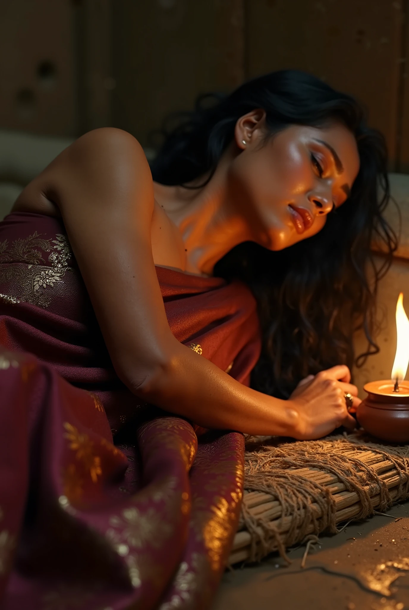 In a dark room, a 50-year-old man wearing a red cloth is sitting on the floor performing yajna at the yajna altar. Only the back of the man is visible. The dark room is dimly illuminated by the light of the sacrificial fire. On the wall in front of the manor is a terracotta Hindu goddess, seated on Padmasana.