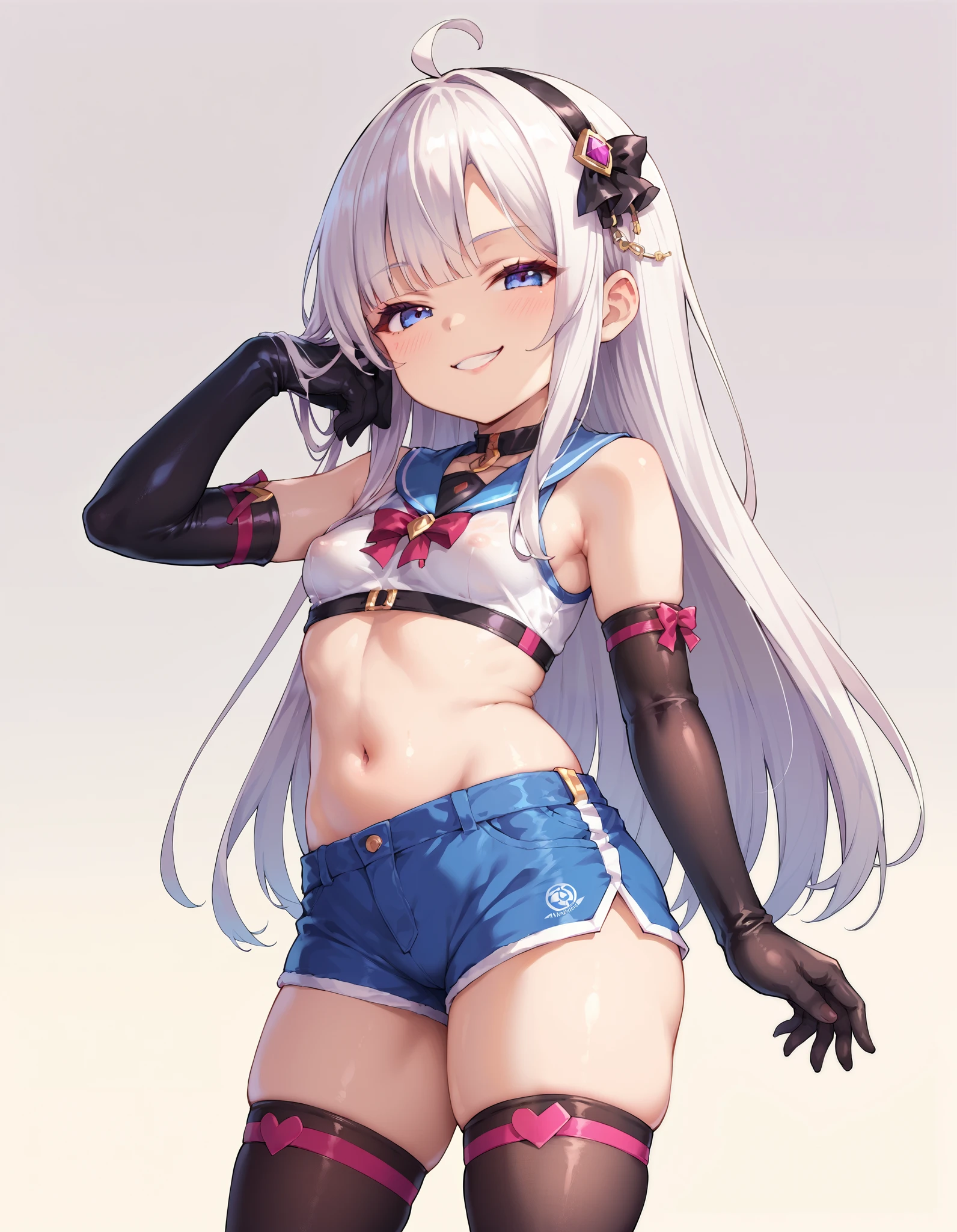 score_9, score_8_up, score_7_up, masterpiece, Highest quality, very sexual poses,change, Erinkle ,1 girl, Alone, white hair, long hair, looking towards the viewer, Skin irregularities, , smug , Lewd smile, small breasts, crop top, shorts, Hip, thighs, elbow gloves , thighsハイソックス, standing, shortstack, animetoreal
