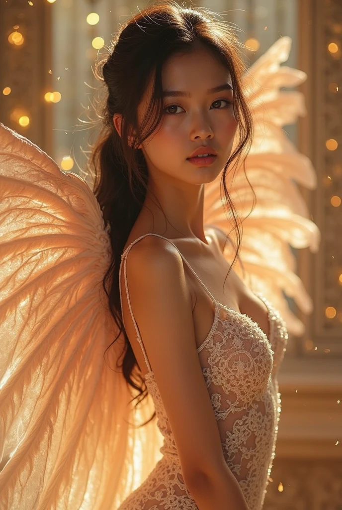(masterpiece,Highest quality:1.4),(8k,RAW Photos,Photorealistic:1.4),Ultra-high resolution, ,(Glowing Skin:1.4),Detailed肌,Detailed顔,Detailed目,(Beautiful and shining eyes:1.2),Symmetrical eyes,Detailed耳,One person,Natural Makeup,(((Idol))),,Detailed背景,Vivid background,Beautiful and shiny hair,,((Average teenage breasts)),,(Detailed Angel,Sexy Costumes,Mysterious Background,full body),Beautiful Asian face,((Sharp Face)),Natural light,sit,(Very detailed ,,online shopping,LUMINE® Market,),real,,Professional,(Detailed,Location was great.),