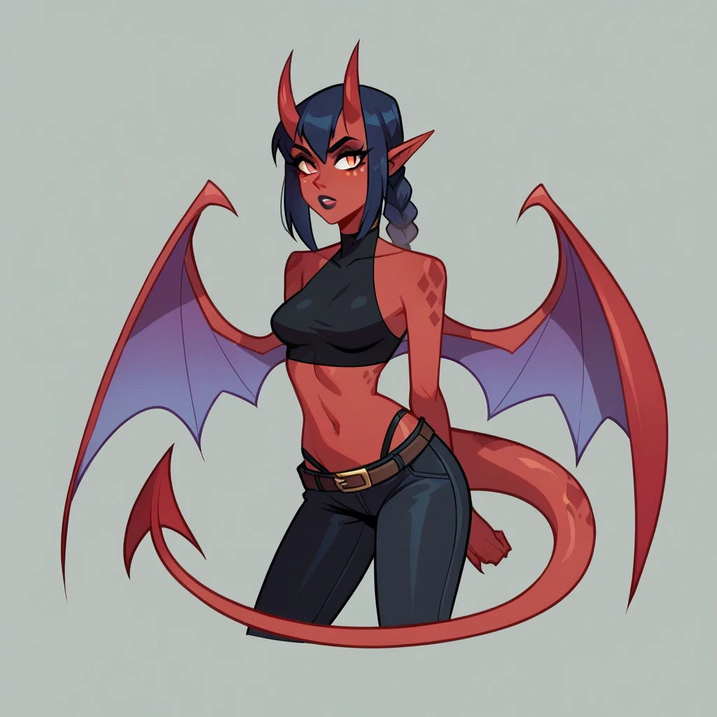 score_9,score_8_up,score_7_up,score_6_up, (my little pony), radiant lighting, vibrant colors, whimsical atmosphere, 8K, high resolution, highly detailed, masterpiece, (red body), (long purple hair), ((detailed purple eyes with black sclera)), black camisole top, black thong, ((scary pose)), showing butt, medium breasts, succubus horns, succubus tail, folded succubus wings