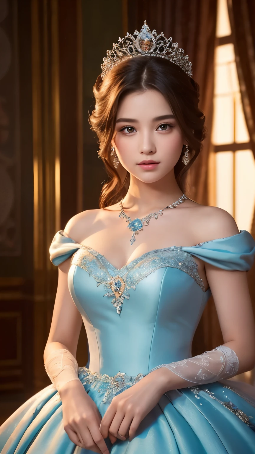 high qulity，Complicated details，photograph of-realistic，Gorgeous Western costumes，RAW photogr，Photo of flowers covered on background wall，A girl with dyed blonde hair is looking at the camera，Gold-tone metal crown，Bust photo，，电影灯光，Positive perspective