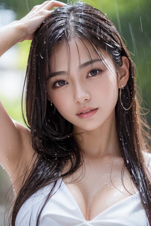 Highest quality、Masterpiece、High resolution、realistic lighting、photo、photorealistic、realistic eyes、realistic semen、 1 japanese girl、jpn-girl、bangs、short hair、large breasts,、(bukkake:1.2、Wet body:1.2、A shy smile:1.2)、One Woman、Cleavage、((((cum in hair:1.4、cum facial:1.4))))、teenage、sweater vest