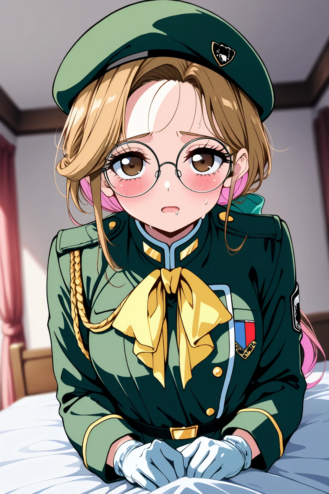 reia_kosu,1 female,solo,pretty,
frederica_greenhill,
light brown hair,forehead bang,low ponytail,long hair,colored inner hair,
brown eyes,big eyes,slant eyes,sleepy eyes,
long eyelashes,silver-rimmed round glasses,
tearful eyes,tearful face,
blush,sweat,drool,white breath,
Incontinence,ecstasy,orgasm,climax,
feeling sexual pleasure,
extreme close-up under the chest,
low angle,
midium breast,looking at viewer,
military uniform(1.3),
black leather jacket,white shirts,
green beret,
neckerchief,yellow neckerchief,long sleeve,
white glove,
dutch angle,
perfect face,beautiful skin,
anatomically correct,
anime,masterpiece,highest quality,high resolution,
high definition,ultra-detailed,
blurred background,
Indoors,on the bed,bedroom