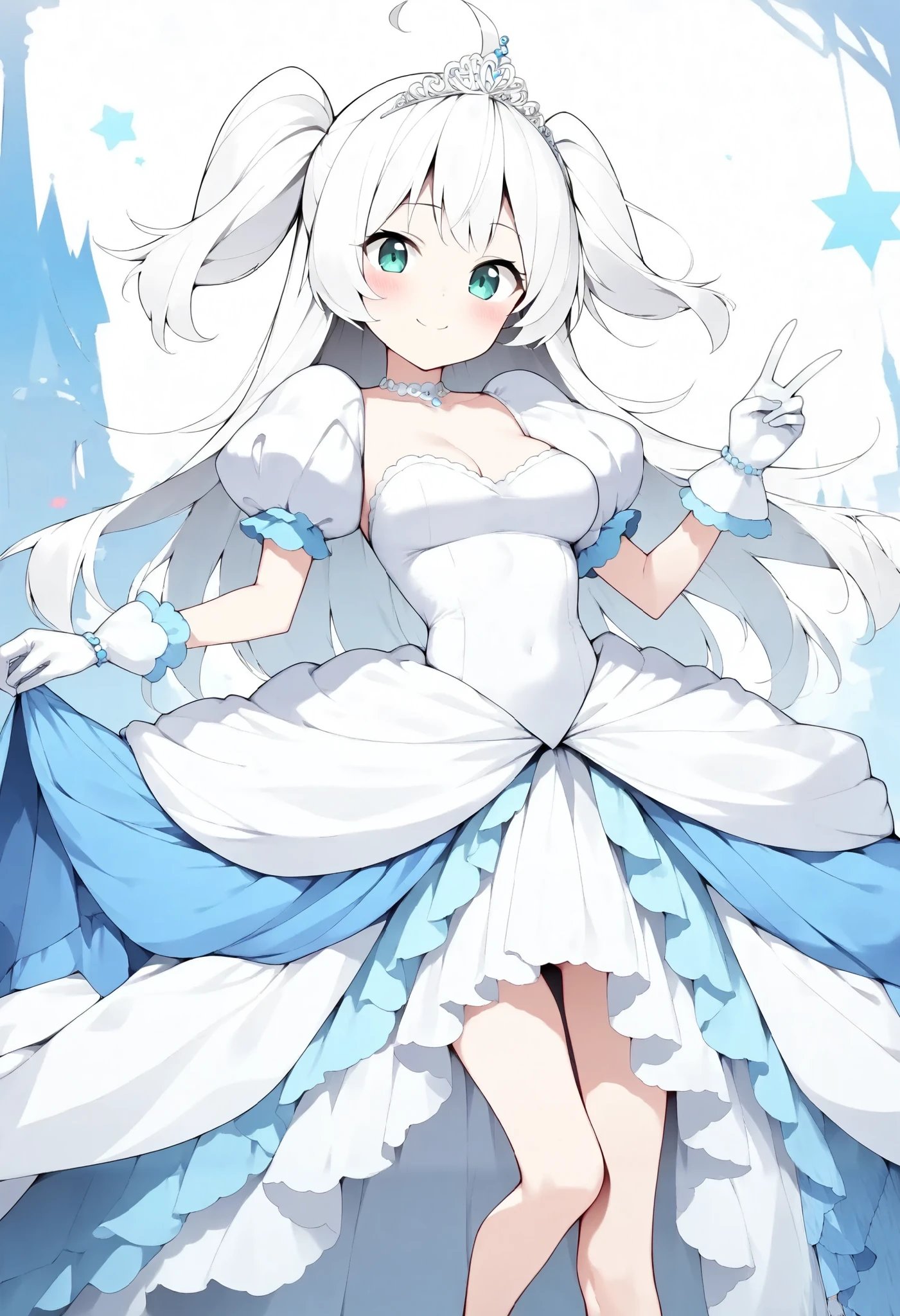 {{{Richil kamihime}}}, 1girl, long hair, two side up, ahoge, white hair, aqua eyes, fair skin, skinny, slim legs, petite, (medium breasts), {{{smile}}}, {{{solo}}}, (masterpiece:1.2), (best quality:1.2), (high quality:1.2), (accurate), {{{princess costume}}}, {{{{{puff sleeve}}}}}, {{{princess}}}, {{{frilled dress}}}, {{{cinderella (cosplay)}}}, {{{short sleeves}}}, {{{cinderella}}}, star princess, blue dress, (white dress:1.2), {{{tiara}}}, {{{}}}, blue puff sleeve, {{{peace sign}}}, princess gloves, white princess gloves, short sleeves, long skirt, (((beautiful finger))), 