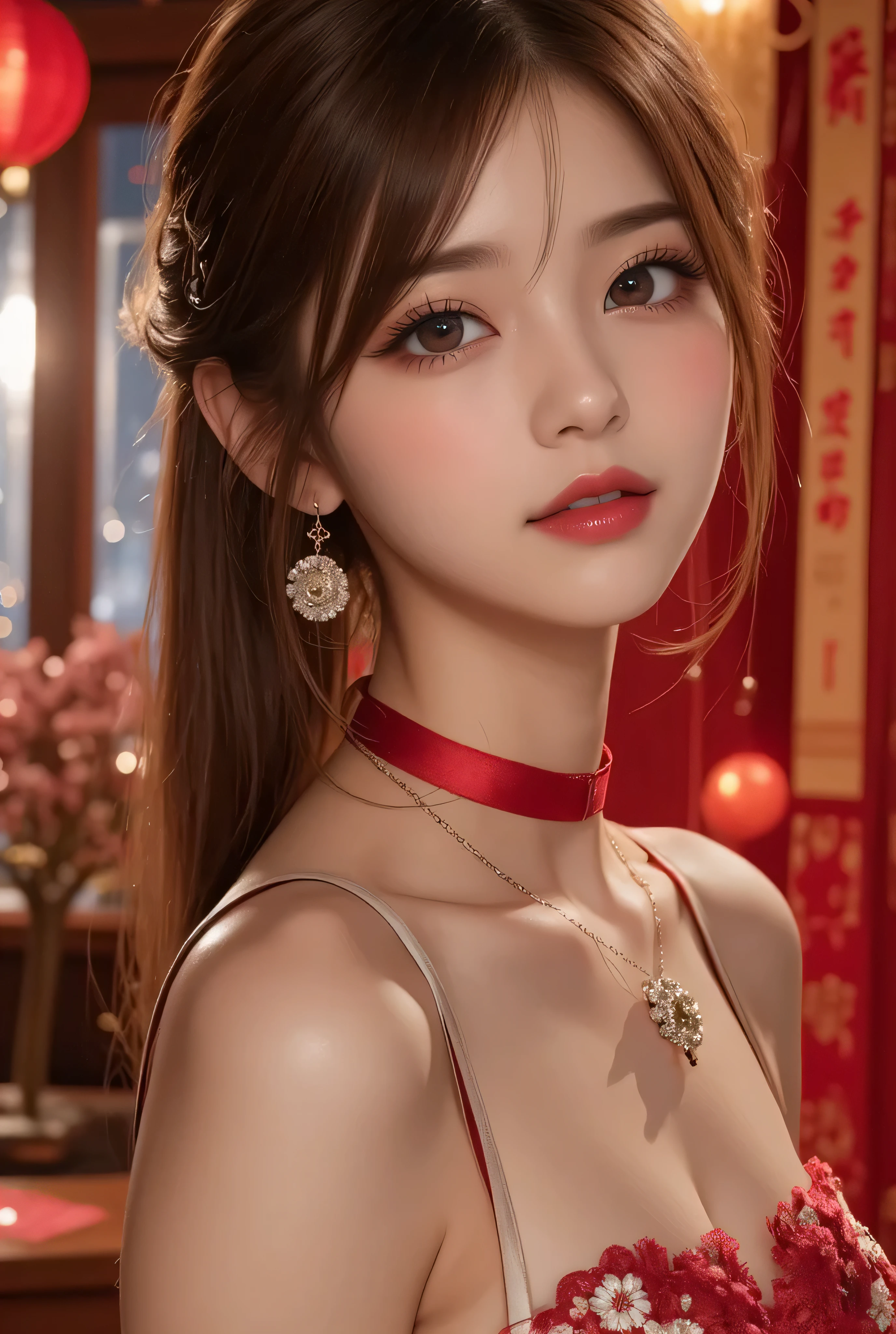 Cat ears、 face up、((( Lying in Bed))) attractive, pretty girl, ponytail、 (( fine facial features , eroticism)), dramatic lighting , realistic , 8k, Dramatic Shadows , intricate and elaborate patterns , super detailed photo , chiaroscuro lighting , Pleasant colors , deep contrast , super real 、 pink lipstick、luxury earrings, luxury necklace, luxury hairpin, warm room、Vintage Fireplace 、 cinematic composition、Close-up of face, A beautiful Korean idol wearing a short random colour cheongsam with golden or silver intricate floral embroidery, standing gracefully in a room filled with traditional Chinese New Year decorations. The room features vibrant red lanterns, decorative calligraphy scrolls, a small Chinese orange tree with golden ornaments, and several red envelopes scattered across the floor and hanging from the tree. Adorable, playful cats are part of the scene—some sitting near the tree, others curiously pawing at the red envelopes or lounging around. Through a window or an open door in the background, vibrant Chinese fireworks light up the night sky in an array of reds, golds, and blues, casting a magical glow into the room. The idol’s outfit is paired with subtle accessories like red hairpins or earrings, complementing the festive look. The atmosphere is warm and lively, filled with the joyful essence of the celebration, enhanced by the shimmering lights of the fireworks and the lively decor.