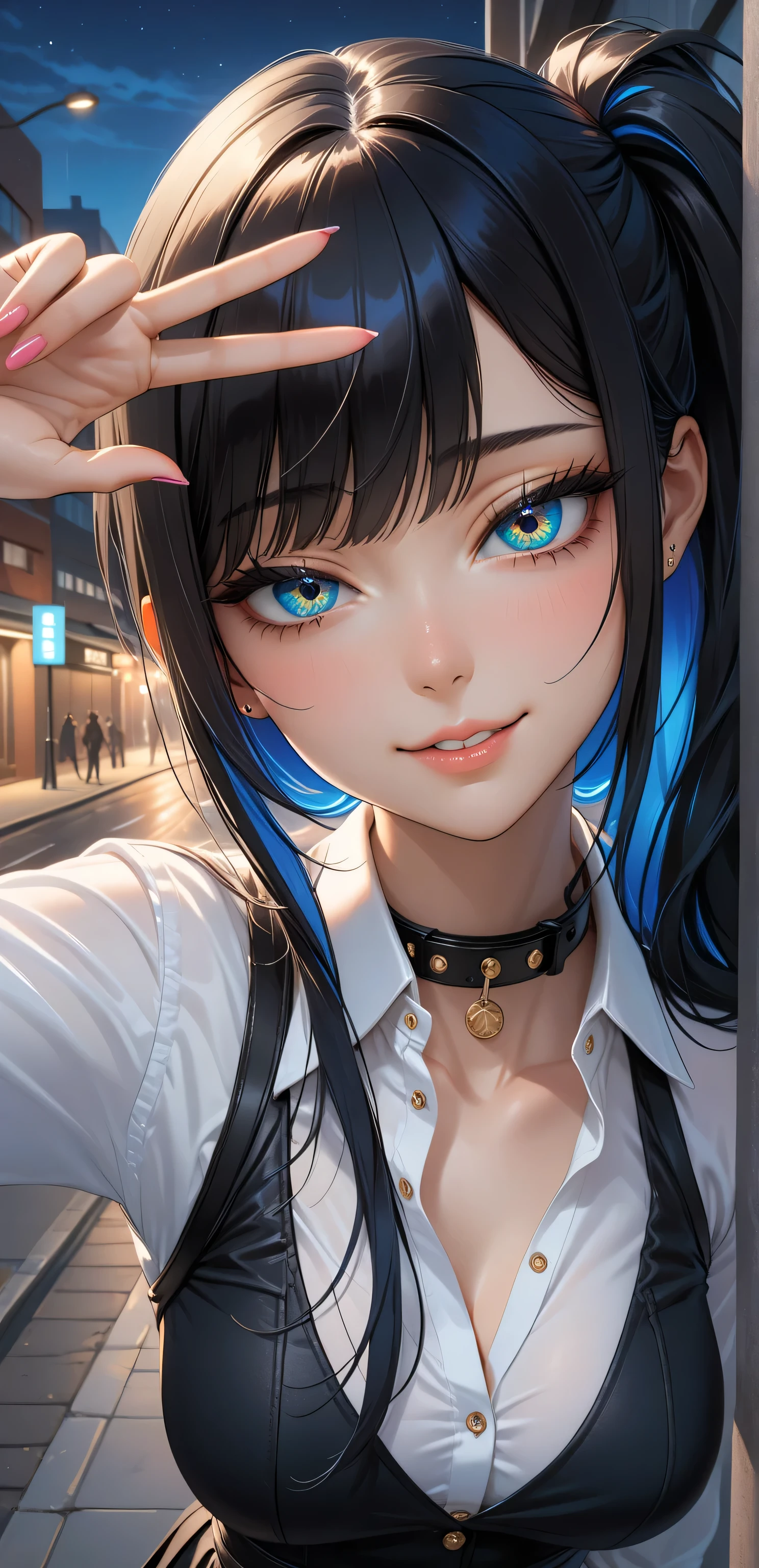 Close up, upper body, Random Sexy pose , ((Ultra detailing)), ((very aesthetic, best quality, ultra detailed)), intricate details, 1girl, ((long hair, Black hair, Side ponytail, blue inner hair)), ((Multi colour eyes)), ((Detailed eyes)), ((Beautifull eyes)), ((prefect eyes)), ((Ultra detailing eyes)) ,Medium breast, sharp jawline, seductive smile,(black Collar shirt, v neck, skirt), (morden City, night), (walking), high angle view