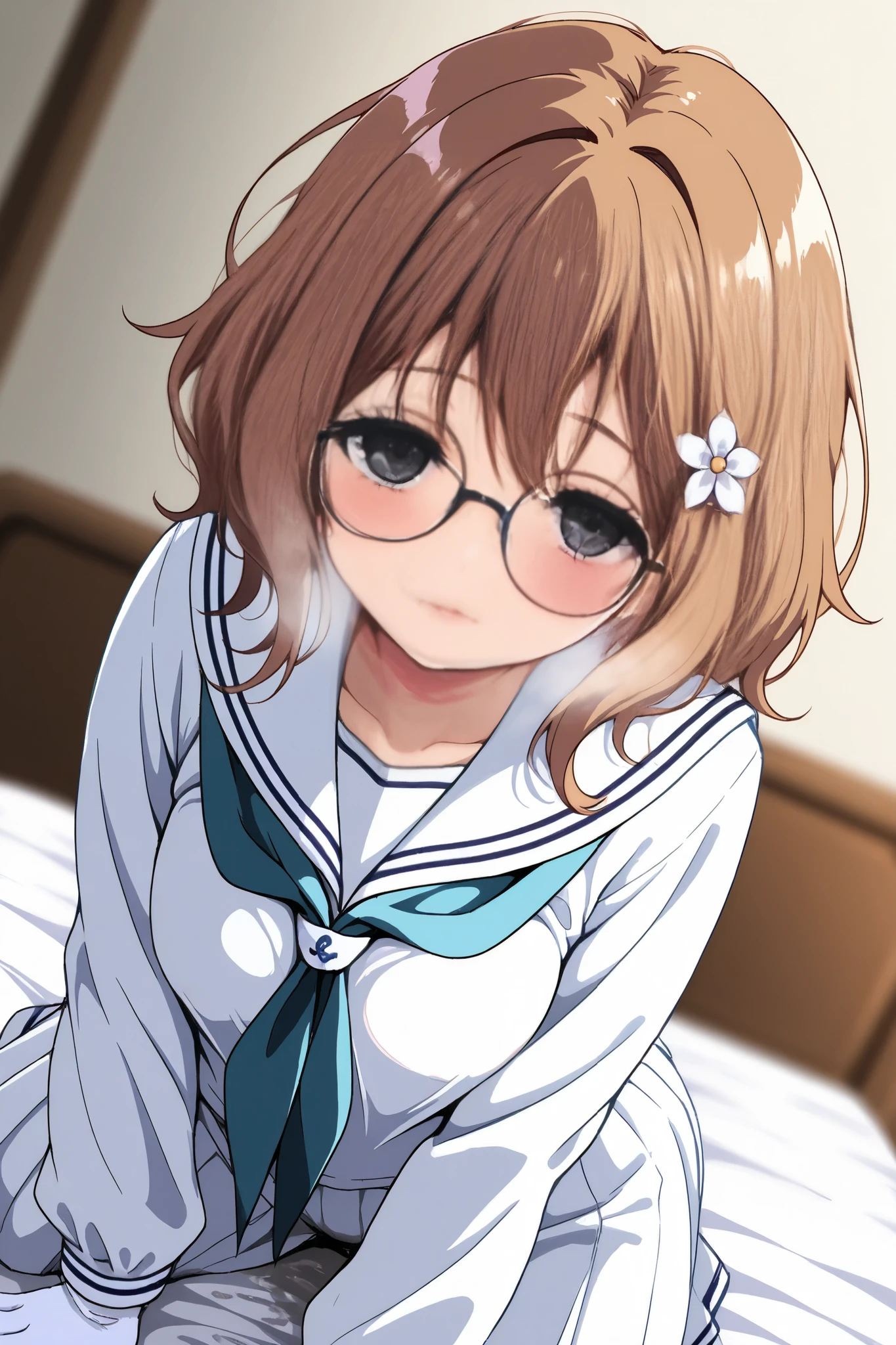 reia_kosu,1 female,solo,pretty,
ohana_matsumae,
short hair,brown hair,hair ornament,
flower,hair flower,stupid hair,long hair,
colored inner hair,
black eyes,big eyes,slant eyes,sleepy eyes,
long eyelashes,silver-rimmed round glasses,
extreme close-up under the chest,
low angle,
midium breast,nipple,
looking at viewer,dutch angle,
blush,sweat,white breath,
Incontinence,ecstasy,orgasm,climax,
feeling sexual pleasure,intense breathing,
sailor clothes (1.3),school uniform,
neckerchief,blue neckerchief,long sleeves,
white gloves,
perfect face,beautiful skin,
anatomically correct,
masterpiece,highest quality,
high resolution,high definition,
ultra-detailed,anime,blurred background,
indoors,on bed,bed room