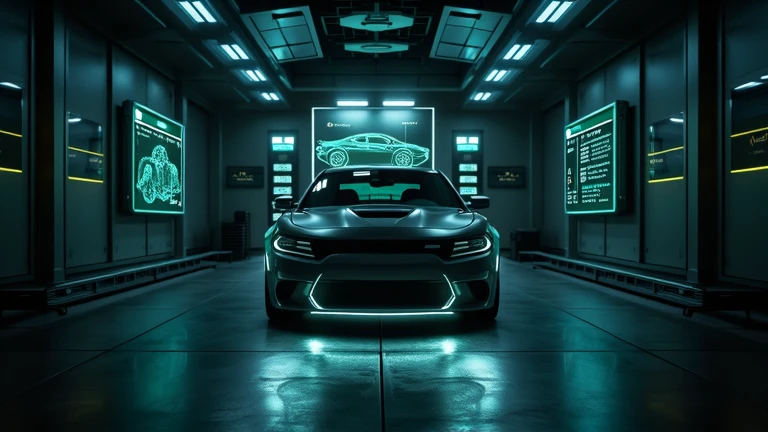 A cinematic shot of a high-performance Dodge Charger Daytona SRT EV inside a modern, high-tech garage. The walls are adorned with holographic blueprints and digital displays showing vehicle specifications. The vehicle sits in the center with an illuminated underglow, casting a futuristic ambiance. The car’s front grille and headlights emit a bright LED glow, contrasting with the darker metallic environment. Ultra HD 8K image with photo-realistic lighting and crisp details.