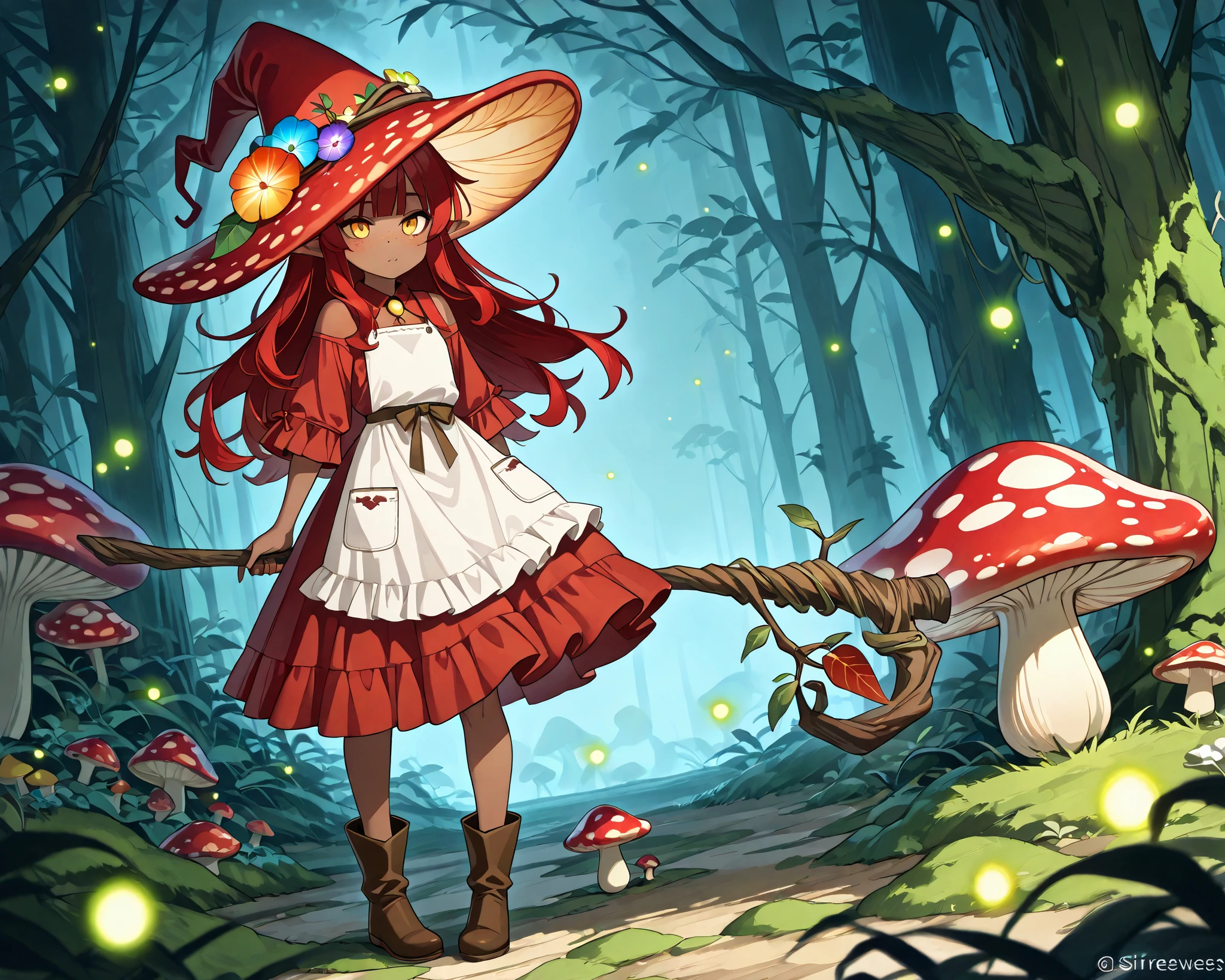 a Fungi Witch with tanned dark skin covered with freckles. Long pointy-ears. She has yellow-amber eyes. She has loose wavy long to her feet fiery-red hairstyle with straight bangs. Per witch dressing set: She wears swampy green medieval dress and an apron with two pockets. she wearing a potion belt with acorns pendants. There is a bag over her shoulder with healing herbs sticking out of it. She has brown pointy-toed witch boots. She wears a red fly Agaric hat on her head. In her hand she holds a staff in the shape of a tree branch overgrown with moss. she slowly walking in the mushroom grove where big mushroom-trees grow everywhere around the blooming swamp, fireflies are flying in the air. Multicolored flowers and mushrooms wich growing around have bioluminescence.