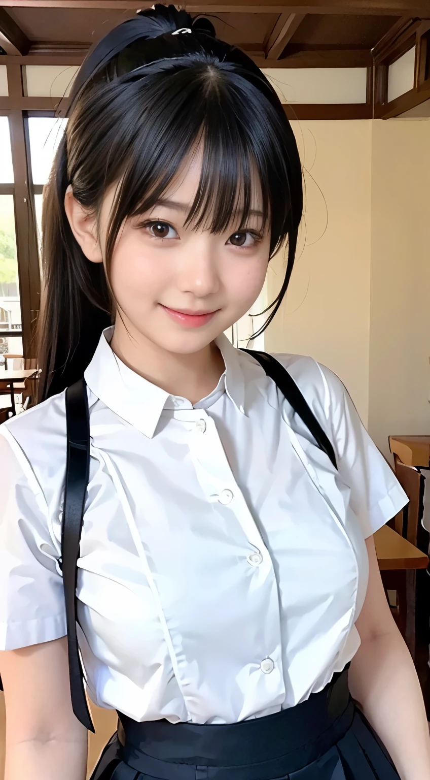 (highest quality,masterpiece:1.3,Ultra-high resolution,),(Very detailed,Caustics),(Photorealistic:1.4,RAW shooting,)Ultra-Realistic Capture,Very detailed,High resolution 16K human skin closeup。 Natural skin texture、,Pores、、、、It must be detailed enough to be easily identifiable。 Skin tone is even and healthy looking。 Use natural light and color,restaurant,Waitress Uniform,1 girl,Japanese,18-year-old,cute,Black-haired,ponytail,Big Breasts,smile,Turn your body forward,(Front view:1.1),Looking at the camera,Cowboy Shot,