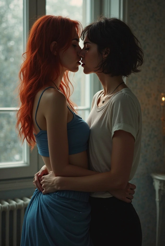 heavy rain in a beautiful forest, a view from a window with a fireplace of a naked red-haired girl PASSIONATELY KISSING HER DAUGHTER AND HER BREASTS.LICKING HER NIPPLES ASS CROTCH AND BELLY