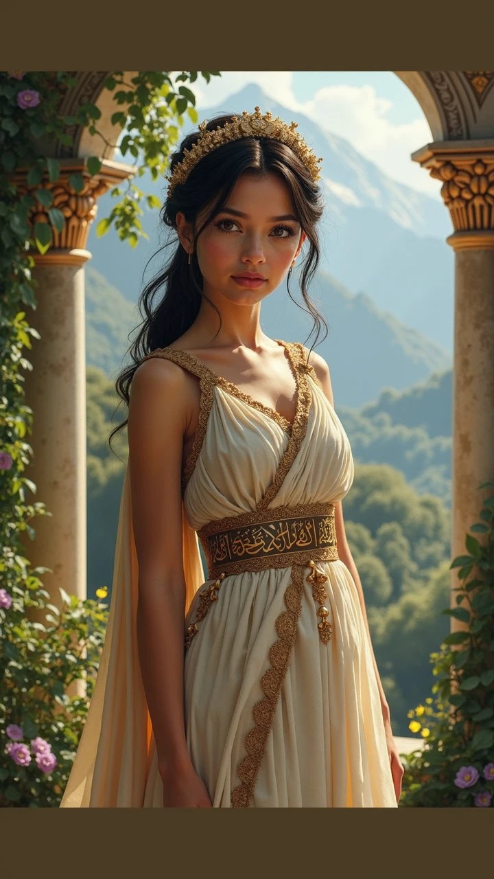 A blue-eyed, black-haired girl dressed as a princess from ancient Greece, full picture