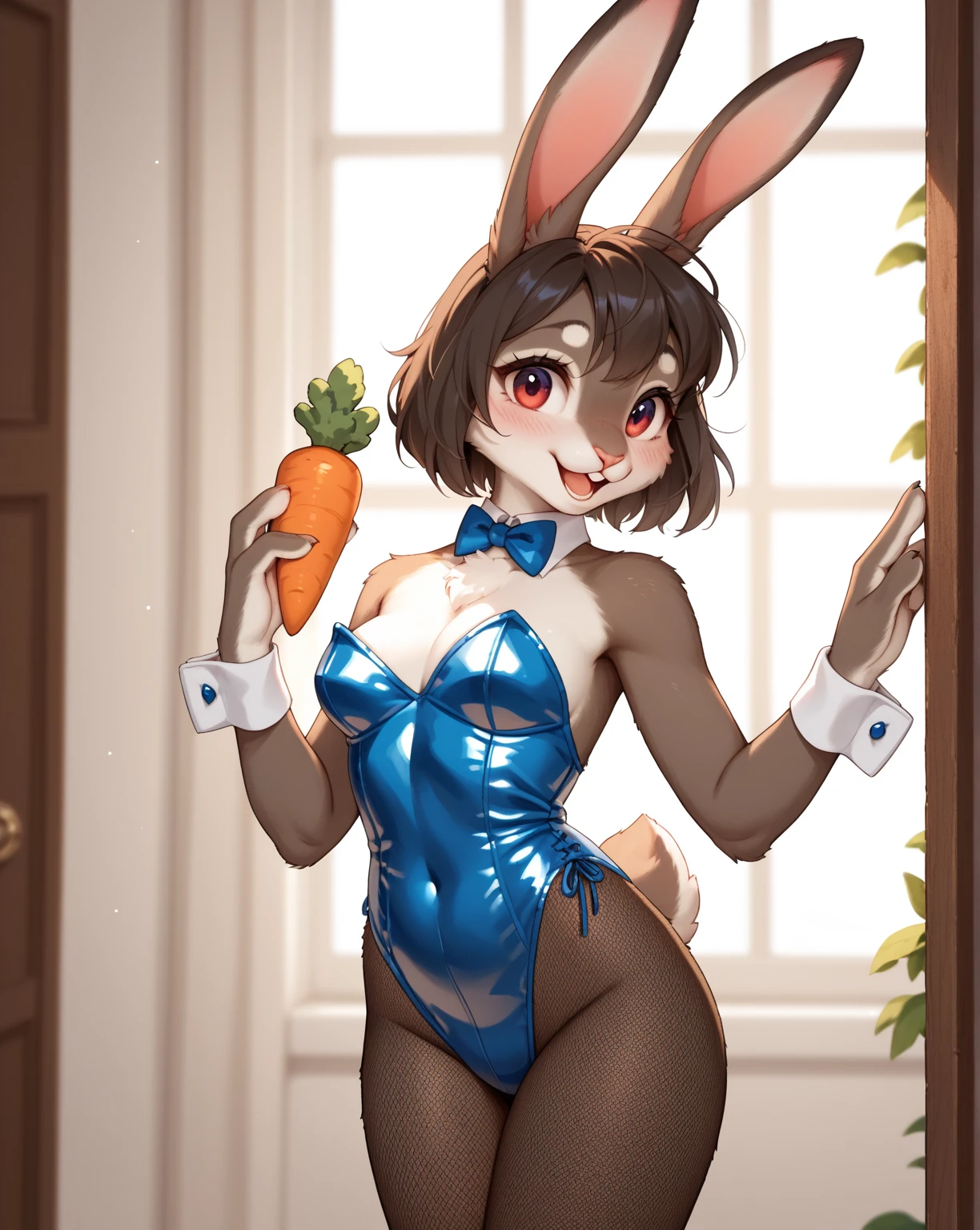 By personalami. furry Bunny. Bunny ears. Gray fur. Black hair. Short hair. Bob hairstyle. Black bra. Black panties. Shameless ass