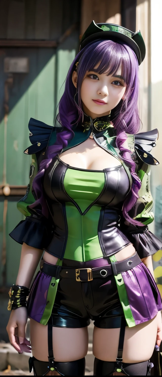 cool steampunk idol girl(purple and green hair)、A pure girl's face、 hypo、、Black Sequin Armor Tight Shorts、Fluorescent Green Steampunk Jacket、Glowing Spider-Gun