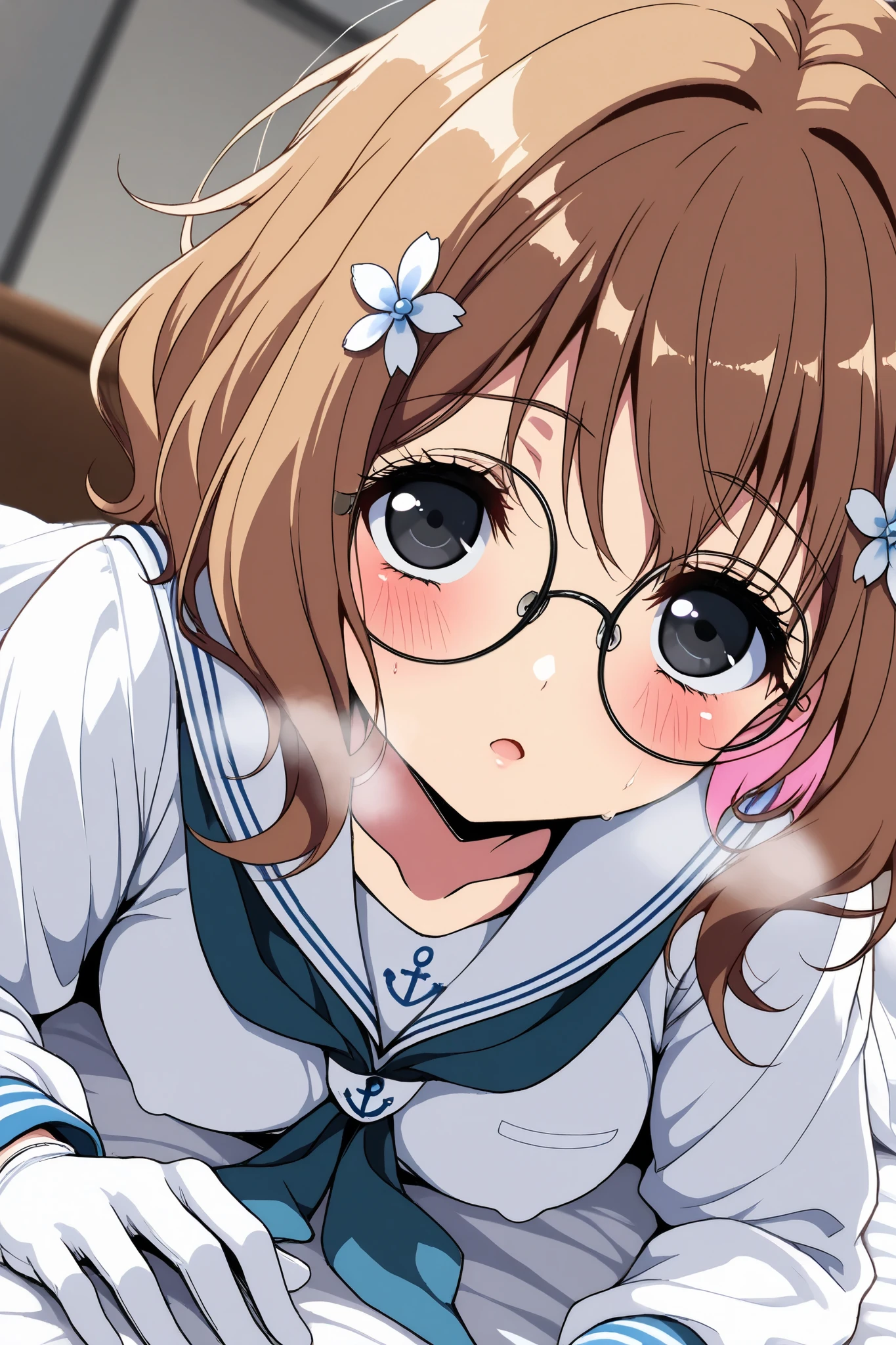 reia_kosu,1 female,solo,pretty,
ohana_matsumae,
short hair,brown hair,hair ornament,
flower,hair flower,stupid hair,long hair,
colored inner hair,
black eyes,big eyes,slant eyes,sleepy eyes,
long eyelashes,silver-rimmed round glasses,
extreme close-up under the chest,
low angle,
midium breast,nipple,
looking at viewer,dutch angle,
blush,sweat,white breath,
Incontinence,ecstasy,orgasm,climax,
feeling sexual pleasure,intense breathing,
sailor clothes (1.3),school uniform,
neckerchief,blue neckerchief,long sleeves,
white gloves,
perfect face,beautiful skin,
anatomically correct,
masterpiece,highest quality,
high resolution,high definition,
ultra-detailed,anime,blurred background,
indoors,on bed,bed room