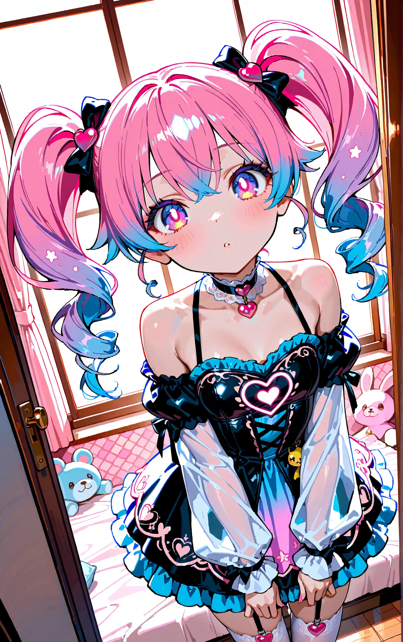 official art, masterpiece, sharp focus,Delicate and beautiful hair and eyes and face, realistic, ultra detailed, beautiful girl, blue sky, glow white particle, A single girl with a decora street fashion-inspired look, rocking a crazy harajuku style. She wears legwarmers and big platform shoes, and has her hair styled in adorable two buns. Short hair. The scene is set at nighttime, hairpins, accesories, bunny ears with pattern inside, striped, long socks, pale skin, hair ornament, epic scenery, , decora accessories like hairclips. She embodies the vibrant and trendy Harajuku fashion style, yellow eyes, yellow horns, light blue hair in two bun, grown woman, adult, big , big lips, blush on cheeks, curvy, sexy, pink fishnets, bows ,pink choker, fluffy and warm style, cute stickers, tattoos, clips, loads of clips maximalist