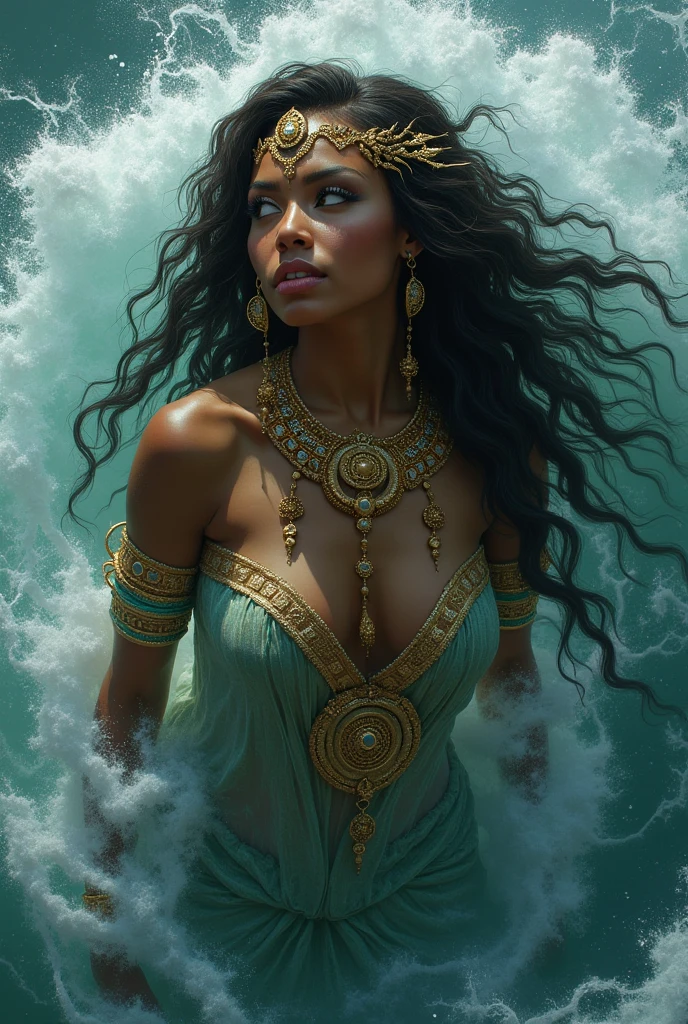 Masterpiece, high quality, A closeup of a beautiful African woman of sculptural body, with long hair on a sculptural body, brown skin, African, athletic body of water, closeup fantasy with water magic, Yemanjá African Orixá, Iemanjá the queen of the sea, Goddess of the Ocean, Goddess of the Sea, Karol Bak UHD, Water Element, Portrait of the Warrior Mermaid, Beautiful Mermaid, Portrait of the Mermaid Queen, Digital Fantasy Art), Digital Art Fantasy Art, African Female Water Elemental --auto --s2