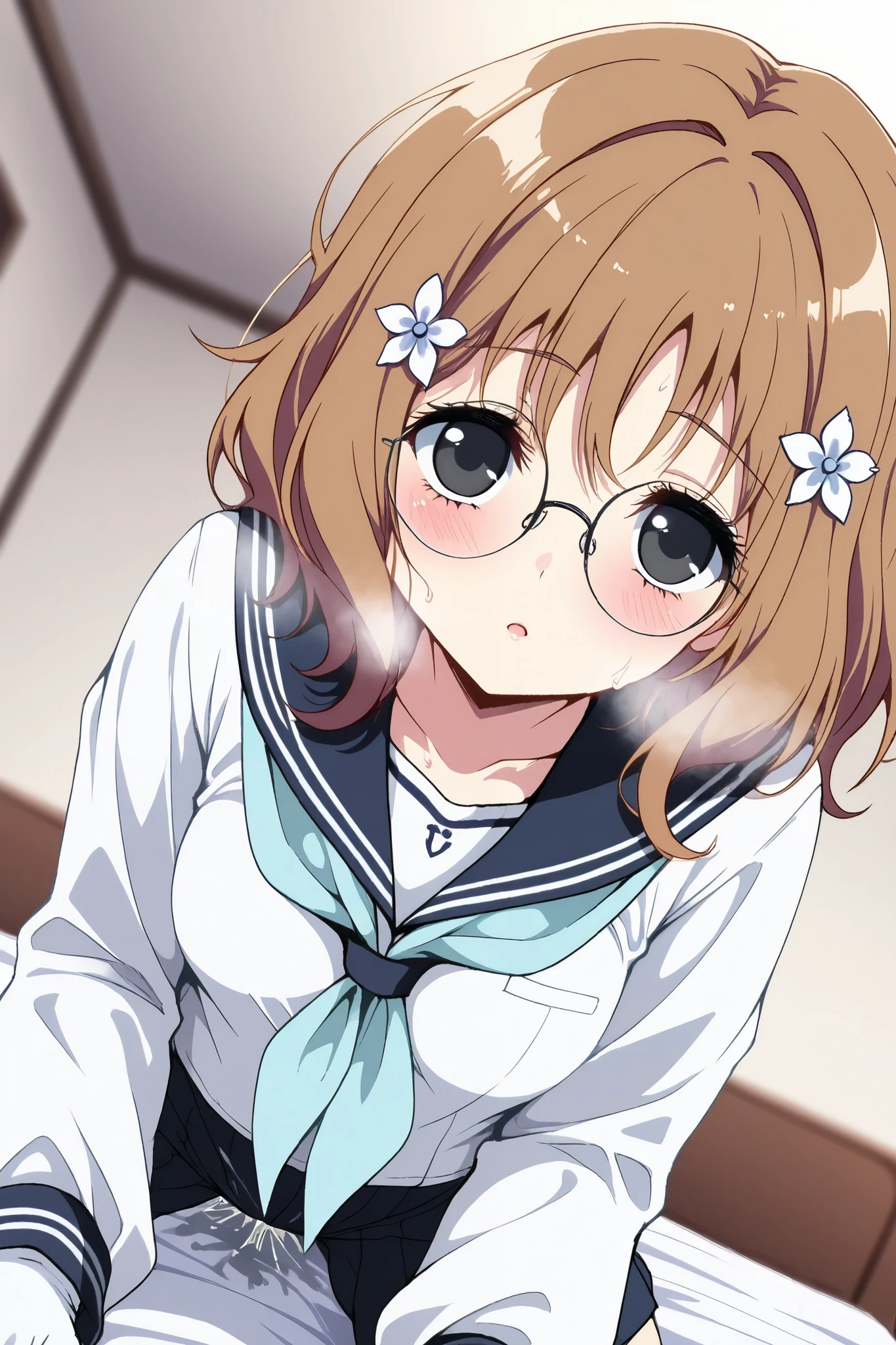 reia_kosu,1 female,solo,pretty,
ohana_matsumae,
short hair,brown hair,hair ornament,
flower,hair flower,stupid hair,long hair,
colored inner hair,
black eyes,big eyes,slant eyes,sleepy eyes,
long eyelashes,silver-rimmed round glasses,
extreme close-up under the chest,
low angle,
midium breast,nipple,
looking at viewer,dutch angle,
blush,sweat,white breath,
Incontinence,ecstasy,orgasm,climax,
feeling sexual pleasure,intense breathing,
sailor clothes (1.3),school uniform,
neckerchief,blue neckerchief,long sleeves,
white gloves,
perfect face,beautiful skin,
anatomically correct,
masterpiece,highest quality,
high resolution,high definition,
ultra-detailed,anime,blurred background,
indoors,on bed,bed room