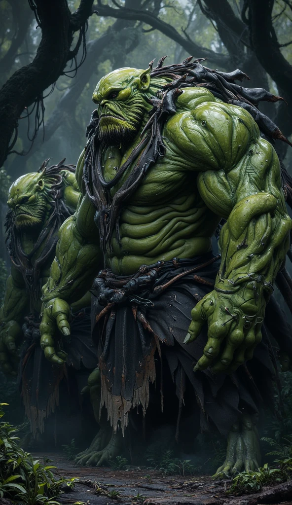 Fantasy character, dark hair,male,young, chinese monk clothing, long but straw like hair, half orc, green skin