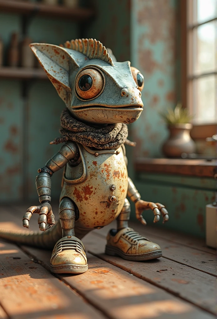masterpiece,best quality,8k,official art,cinematic light,ultra high res,solo,smile,a lizard,mechanical body,robot,round eyes,grow a tail,the whole body,mechanical feeling,