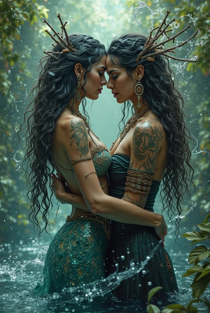 A surreal and ethereal landscape of the Greek God Hades seductive and virile, with long black hair and beautiful perfect face, strong and perfect body, and the Greek goddess Persephone with blonde hair and the perfect face, while they are both in a dreamlike embrace in the depths of the underworld, detailed rendering of every detail, detailed rendering of the face,  Realistic and perfect rendering, high resolution, 8K.