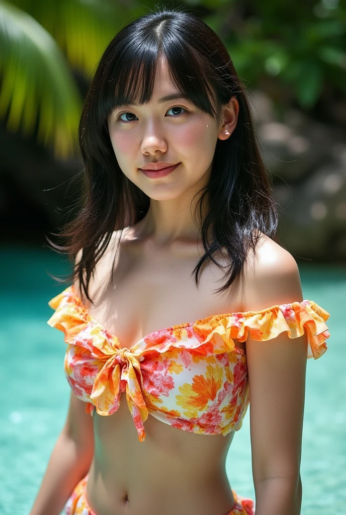 cute, 15歳のアイドルのようにcute日本人少女、Smiling Kindly、Cleavage、bikini、camp site、Playing in the water in the stream、((髪の顔もwhole bodyがずぶ濡れ))、whole body、RAW Photos、Genuine、Genuine、realism、High resolution