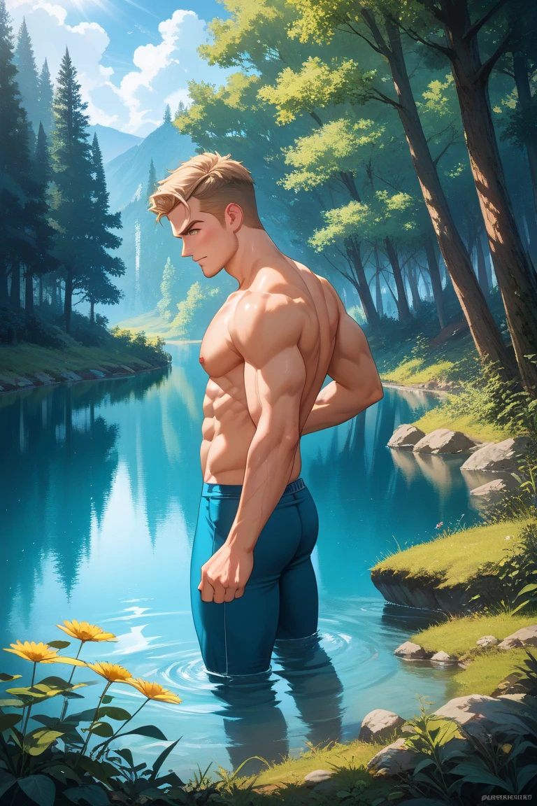 masterpiece, Best Quality, High resolution, first portrait, male focus, Focus only, barrigon, strong, furry, male, (shirtless: 1.2), Photo, realist, detailed background, a handsome man, 45 years, Red hair, lasts, showing chest, barba, abundant body hair, Session, open legs, Forest in the background, bright light, amazing composition, Front view, HdR, volumetric lighting, ultra quality, elegant, Very detailed