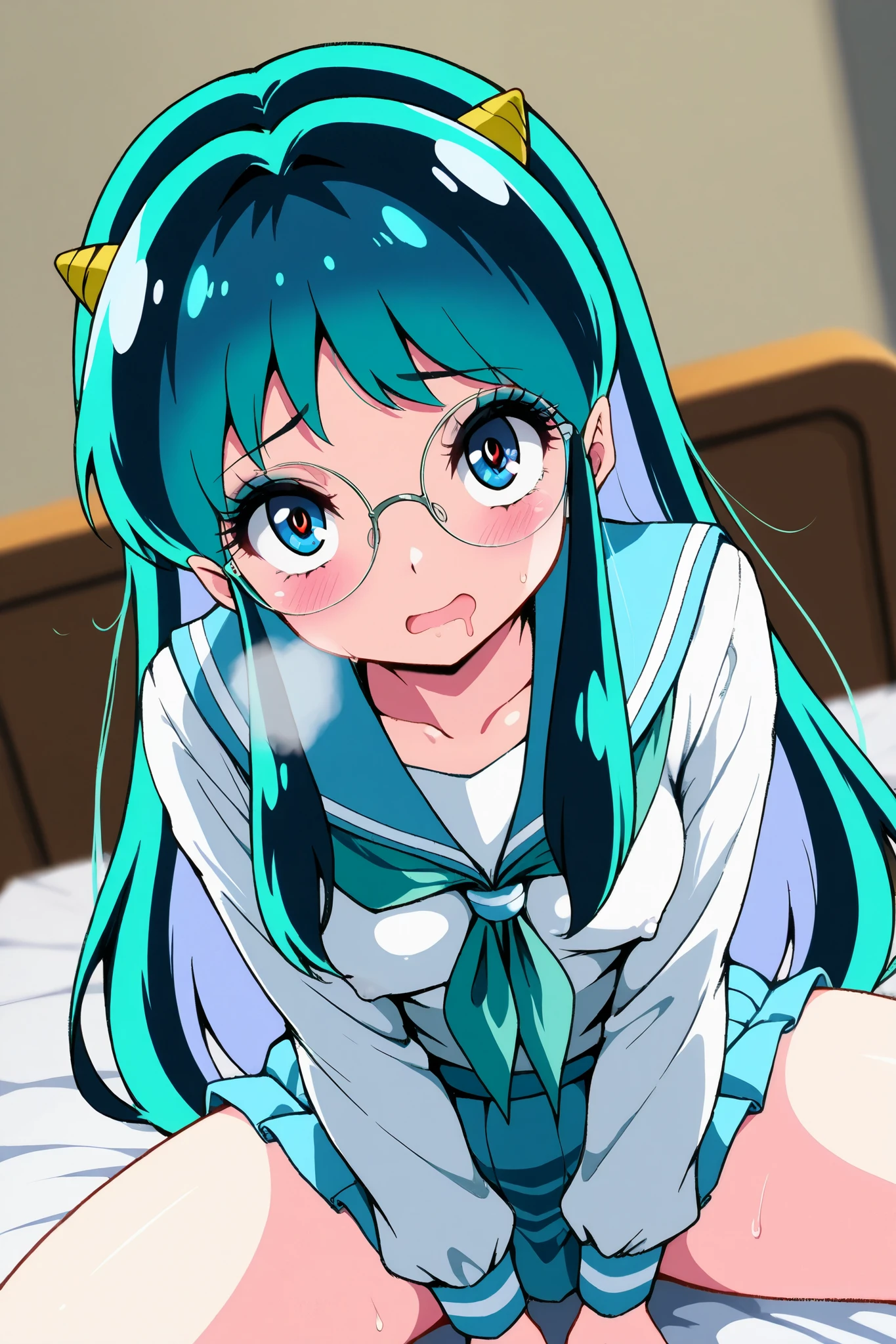 reia_kosu,1 female,solo,pretty,
lum,oni horns,
long hair,bangs,blue hair,light blue hair,
horns,tipted ears,eyeshadow,
colored inner hair,
blue eyes,big eyes,slant eyes,sleepy eyes,
long eyelashes,silver-rimmed round glasses,
extreme close-up under the chest,
low angle,
small breast,nipple,looking at viewer,
sitting,cowboy_shot,spread legs,incontinence,
pink striped white panty,mini skirt,
dutch angle,
tearful eyes,tearful face,
blush,sweat,drool,white breath,
Incontinence,ecstasy,orgasm,climax,
feeling sexual pleasure,
sailor suits(1.3),school uniform,
pink striped white panty,mini skirt,
dutch angle,
perfect face,beautiful skin,
anatomically correct,
anime,masterpiece,highest quality,high resolution,
high definition,ultra-detailed,
blurred background,
indoors,bed room,on bed